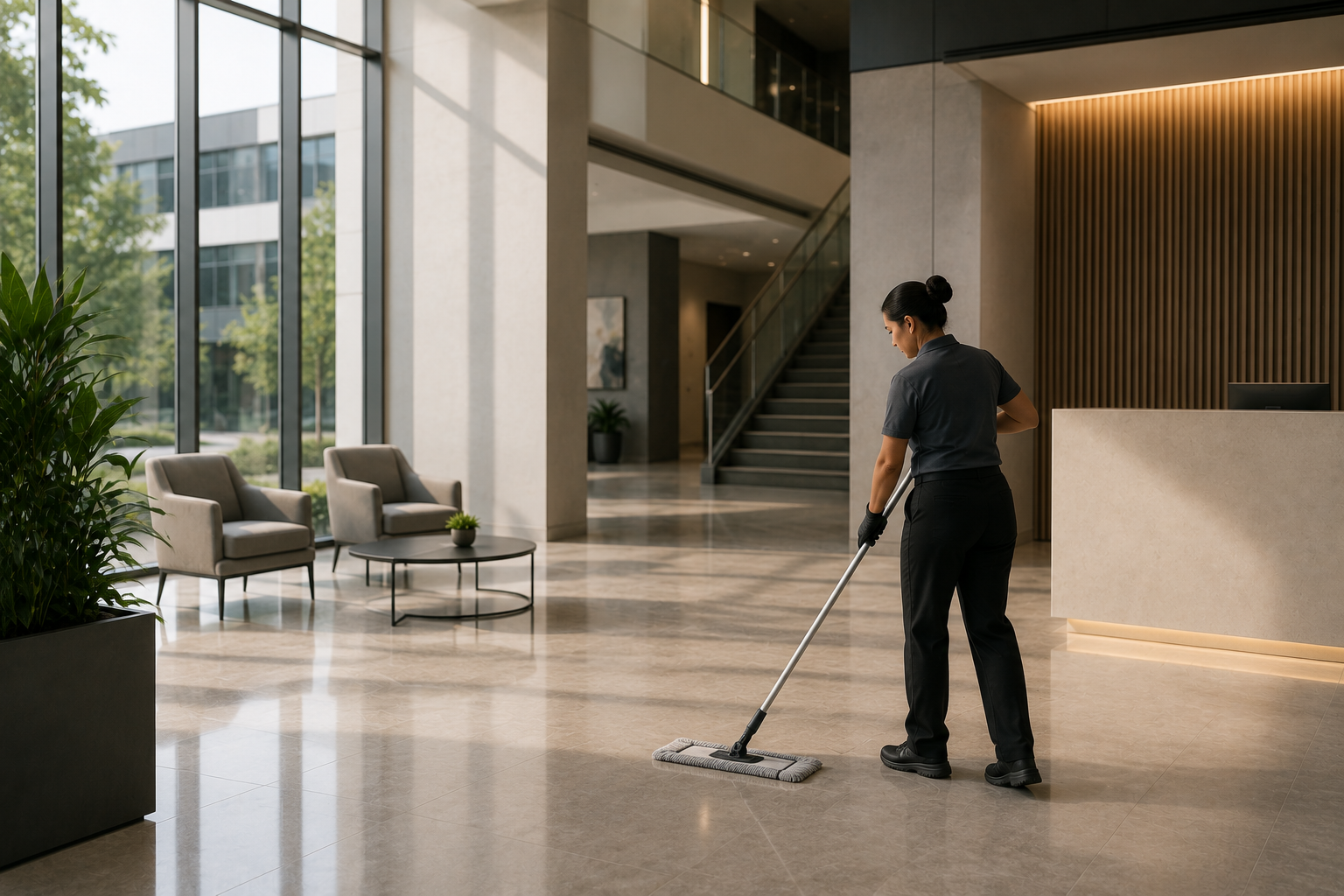 Professional cleaner mopping the floor of a modern commercial office lobby with polished floors and a reception area.