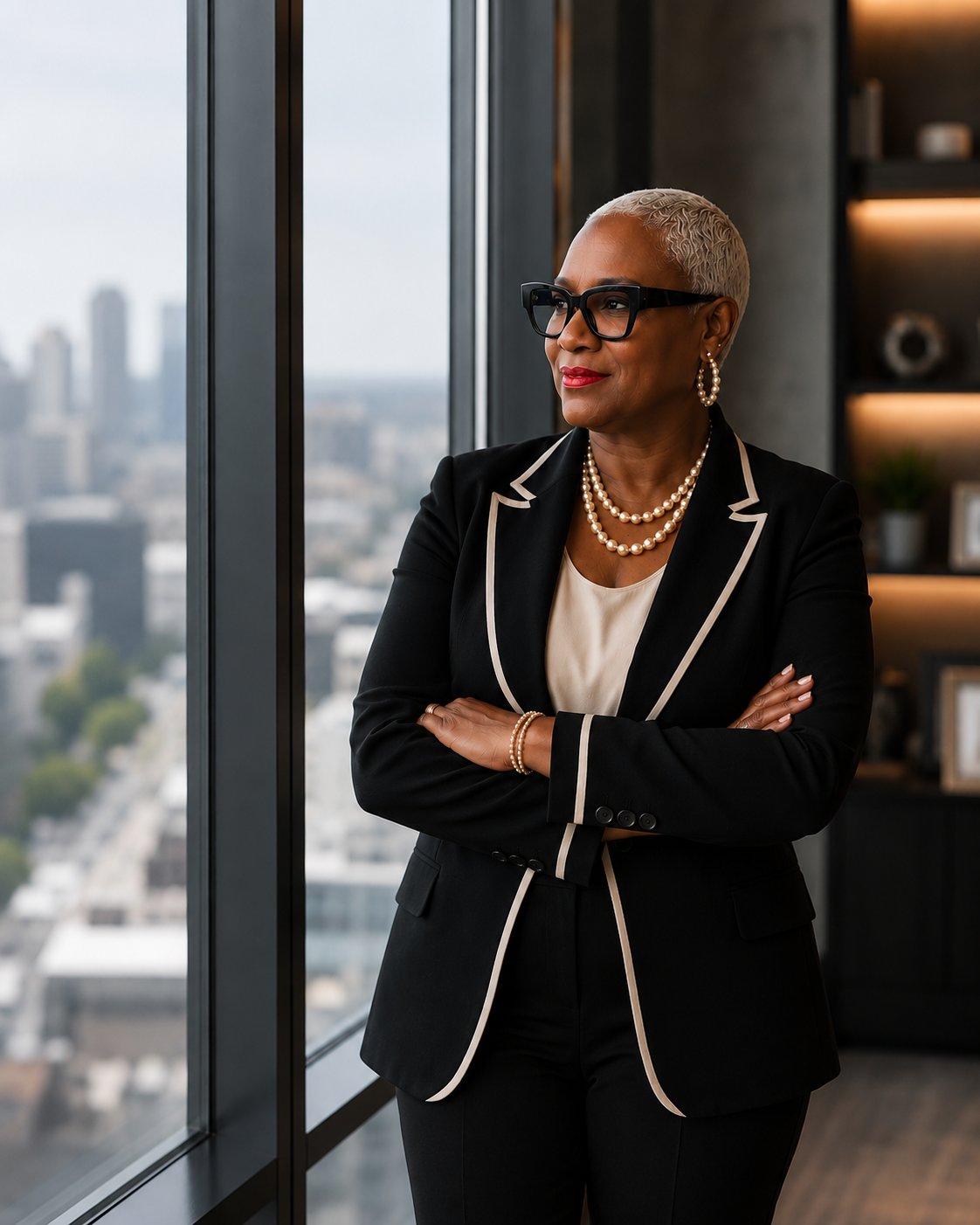 An older woman with gray hair and glasses wearing a black blazer with white piping, a pearl necklace, and earrings, standing by a large window with a city view, crossing her arms.