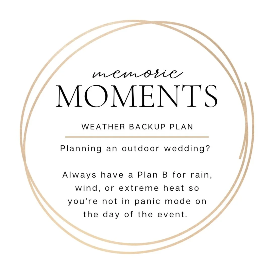#MemorieMoments | Weather Backup Plan ☔️

Planning an outdoor wedding? Always have a Plan B!

🌧️ Confirm an indoor backup space.
🌸 Protect your d&eacute;cor from rain and wind.
🎥 Ensure vendor equipment is protected from the elements.
📸 Plan alte