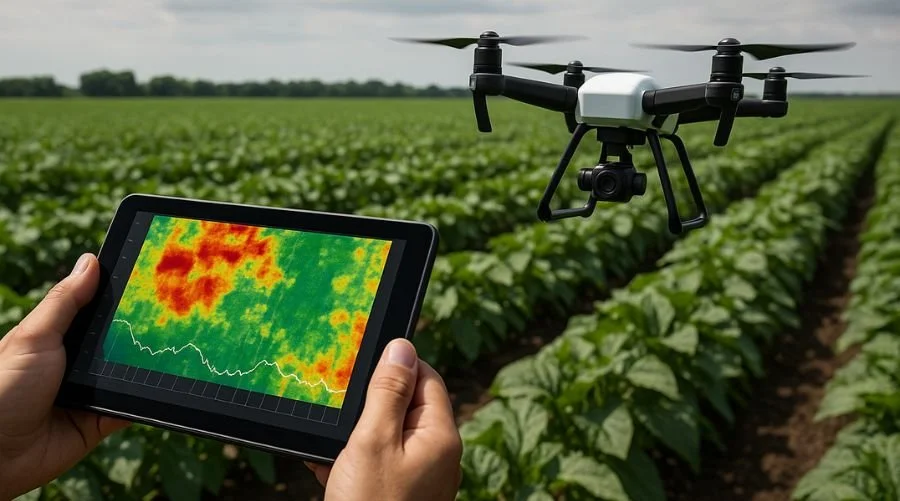 Drone y tableta en un campo agrícola, con una visualización de datos en la pantalla de la tableta.