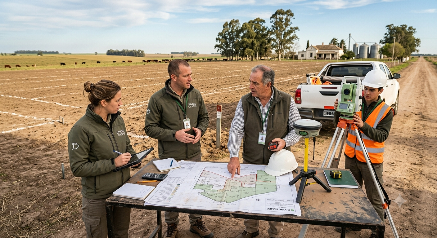 Un grupo de ingenieros y técnicos agrícolas discuten en un campo con maquinaria y planos de diseño, en un día soleado.