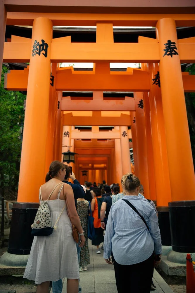 People walking through a series of traditional Japanese torii gates at a shrine.