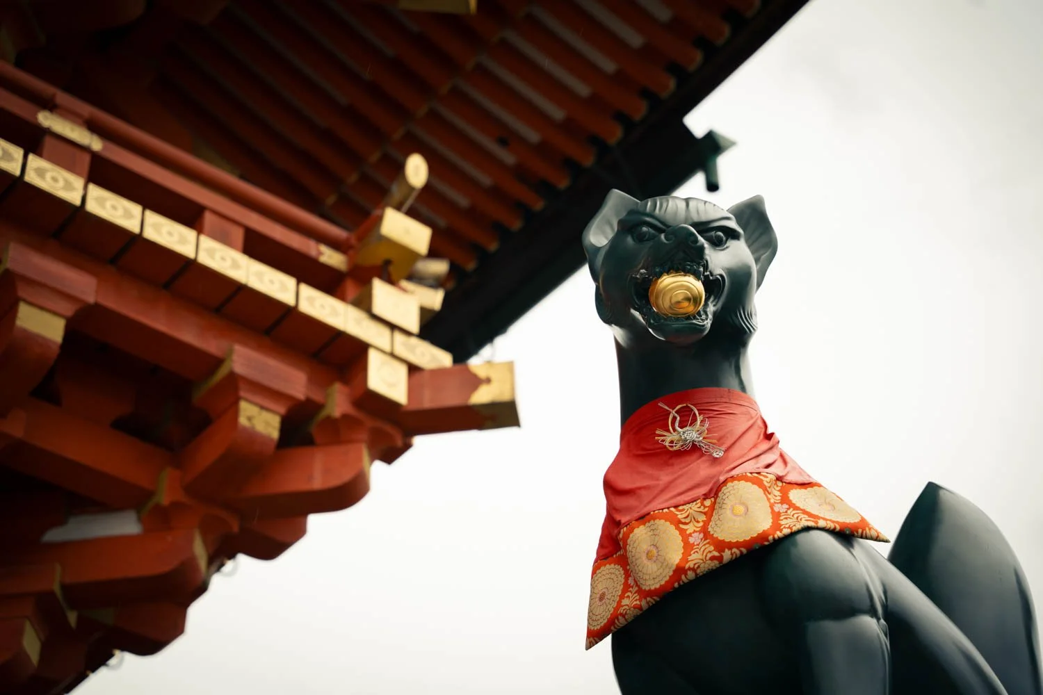 A black statue of a foo dog with a gold sphere in its mouth, wrapped in a red and gold patterned cloth, situated near a traditional Japanese or Chinese temple with ornate wooden eaves.