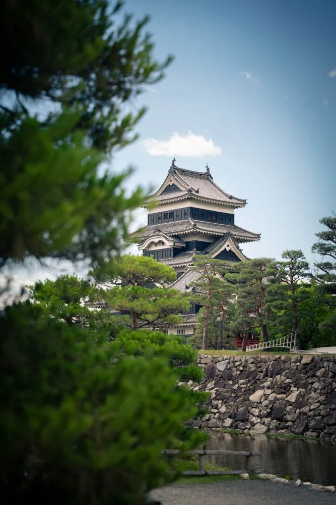 Traditional Japanese castle with multiple tiers surrounded by lush green trees and a stone wall with a river in the foreground.