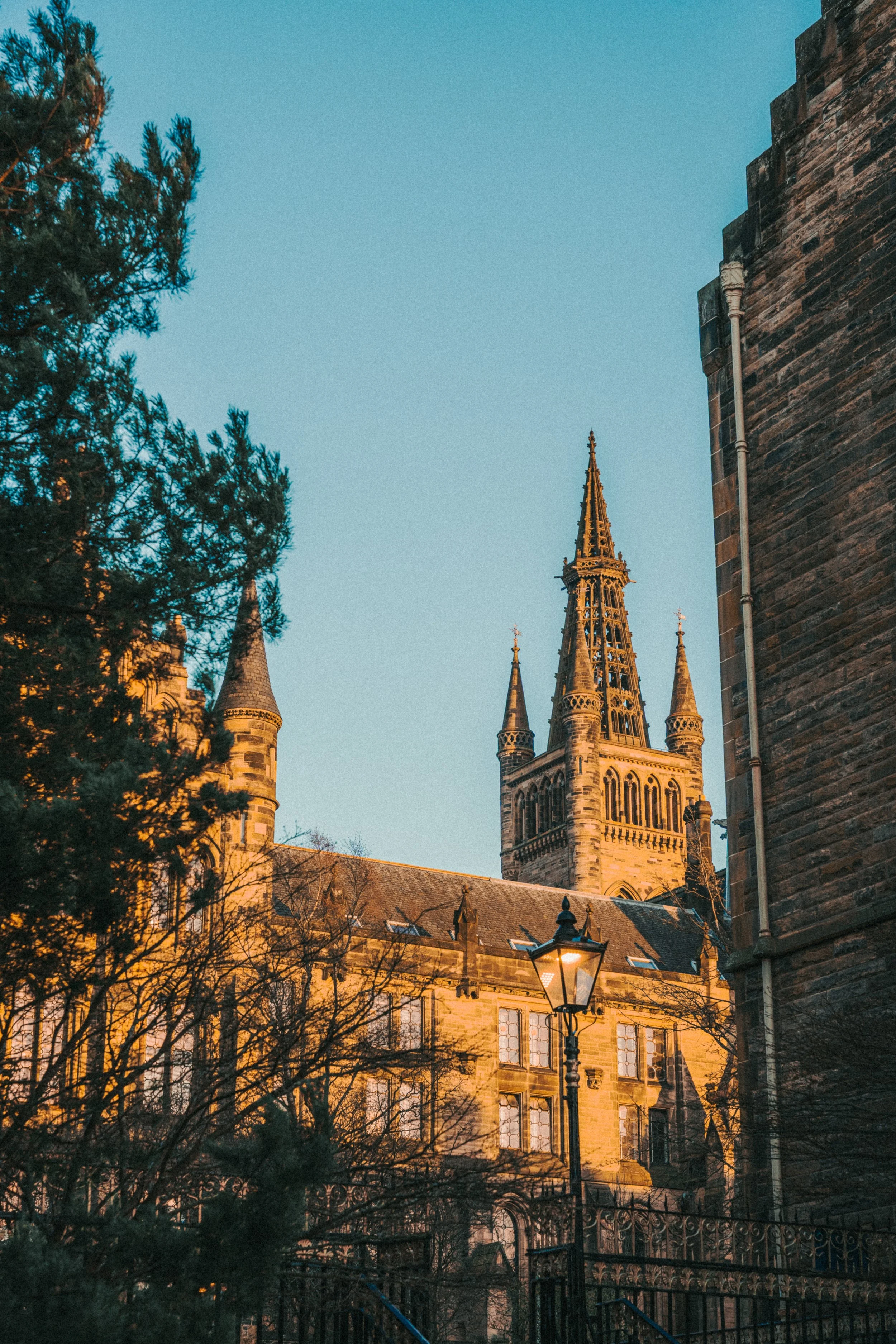 View of a tall church steeple with gothic architecture. The scene is taken during dusk with warm lighting on the building, and there is a tree on the left side and a street lamp at the bottom.