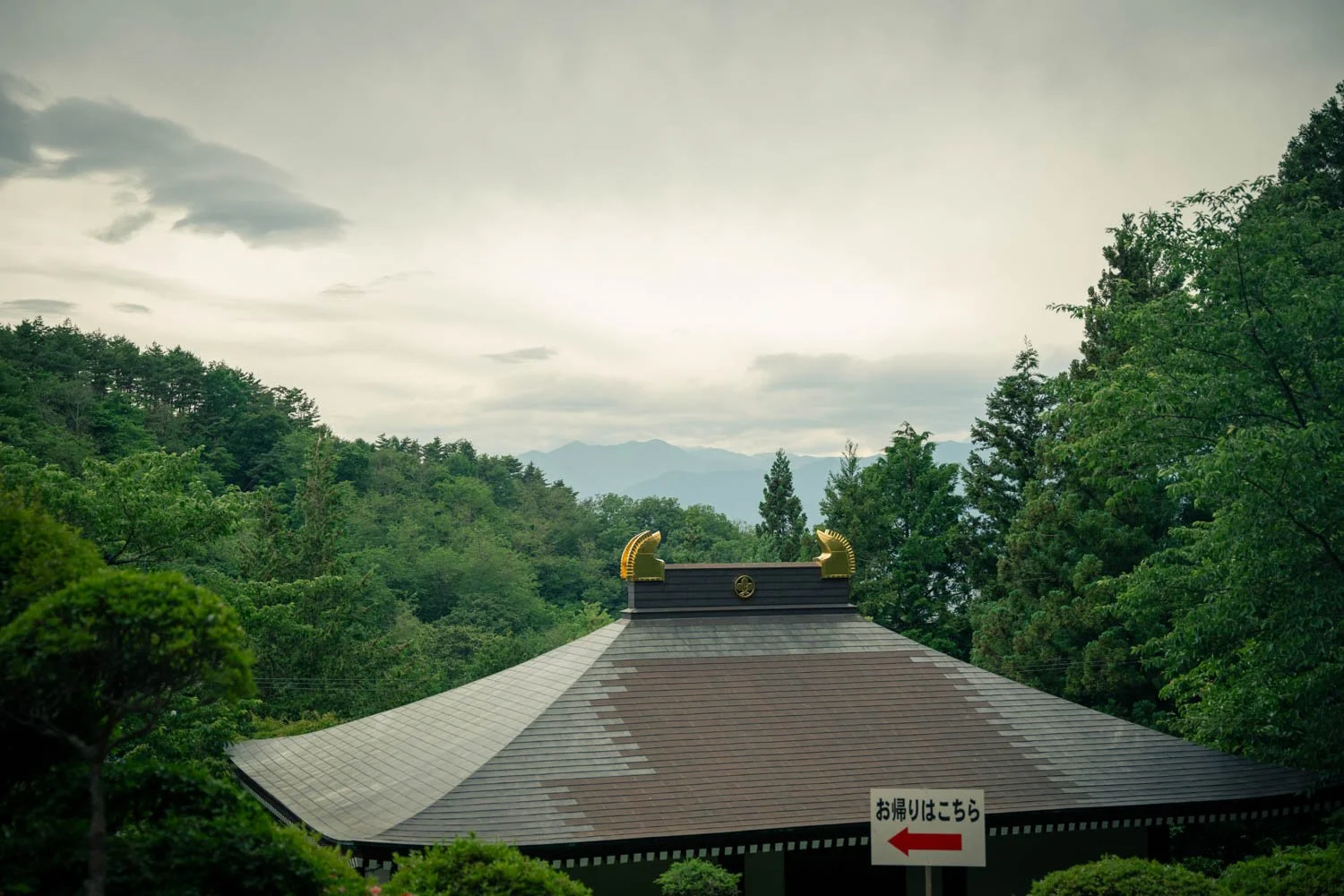 A traditional Japanese temple roof with golden ornamentation against a backdrop of lush green trees and mountains under cloudy sky