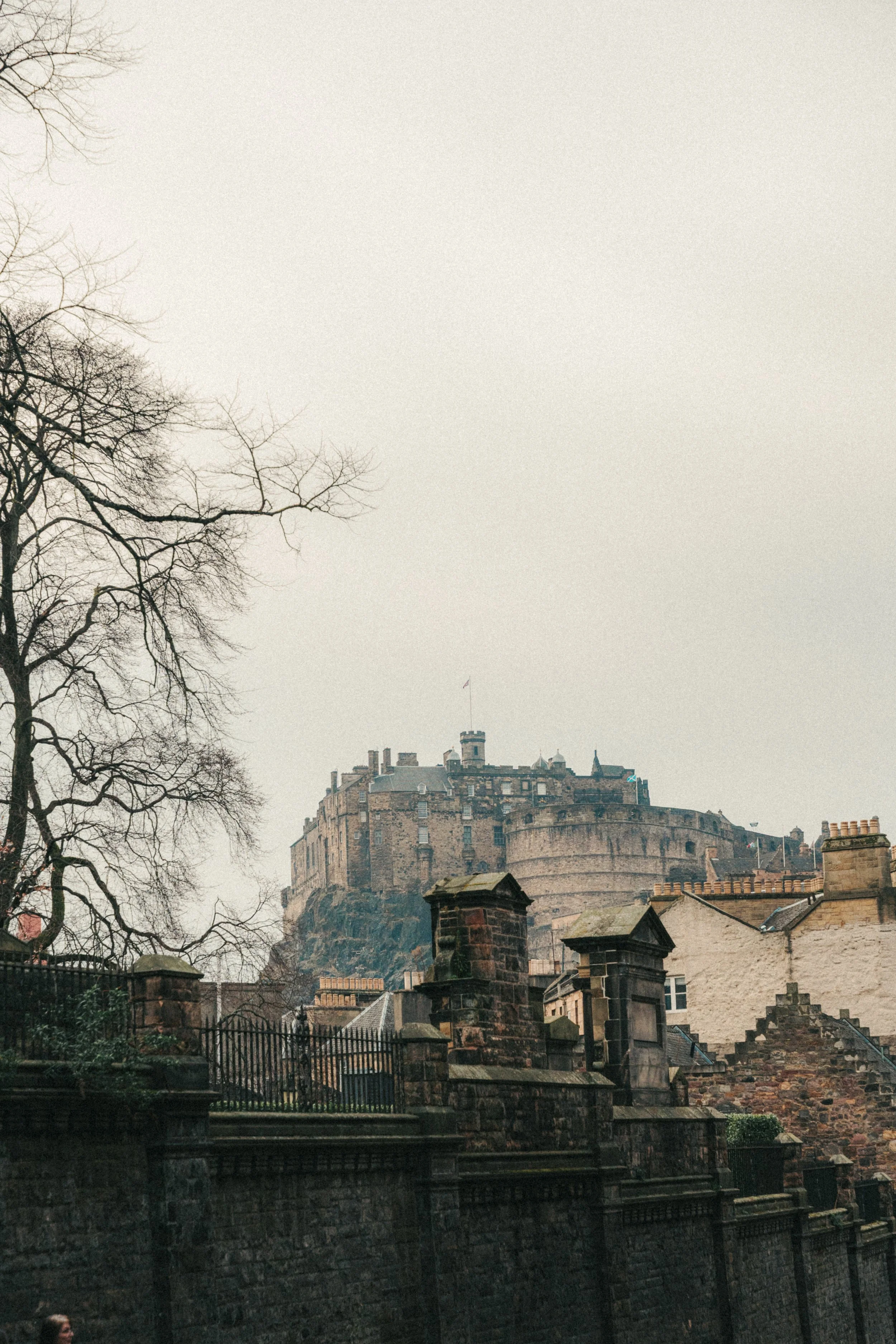 The image shows Edinburgh Castle perched on a hilltop with a stone wall and rooftops of nearby buildings in the foreground, along with leafless trees to the left against an overcast sky.