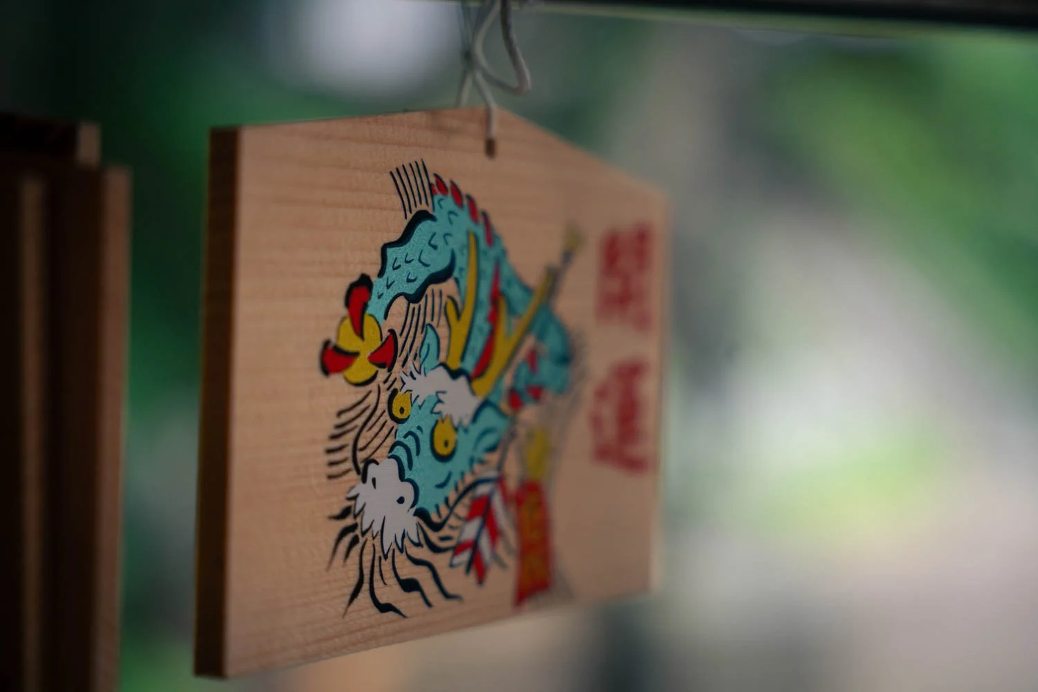 Far-left hanging wooden sign featuring a colorful Japanese-style dragon illustration with red, yellow, black, and white details.