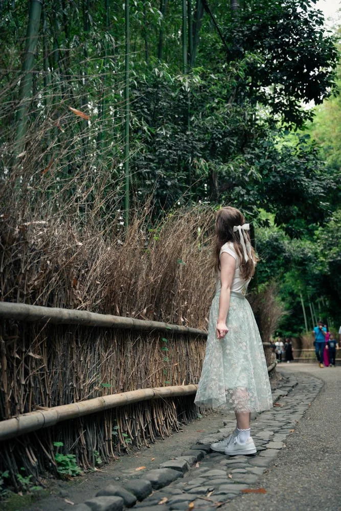 A girl with long hair tied with a white ribbon wearing a white sleeveless top and a lacy light-colored skirt, standing on a cobblestone path next to a bamboo and dry branches fence, looking at the greenery of trees and plants in a park.