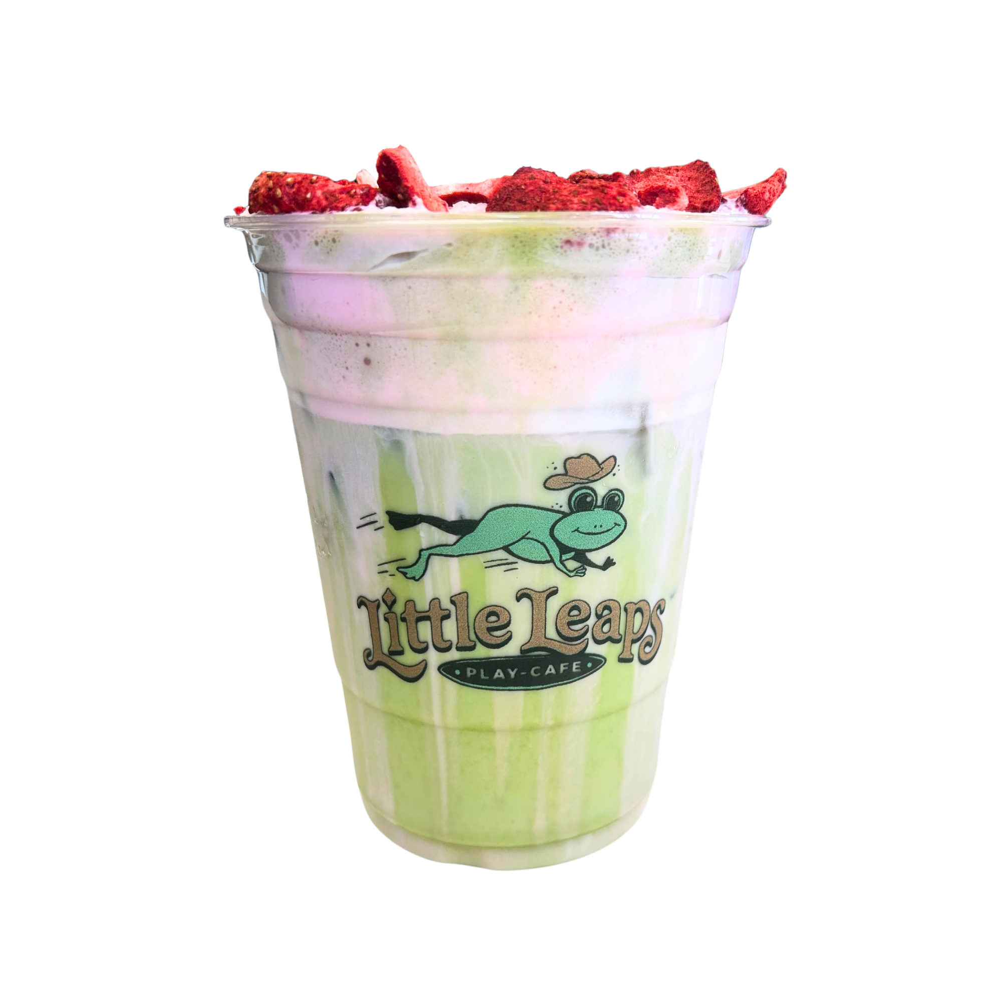 A cup of ice cream with strawberries on top, in a Little Caesars themed cup with a cartoon lizard illustration.