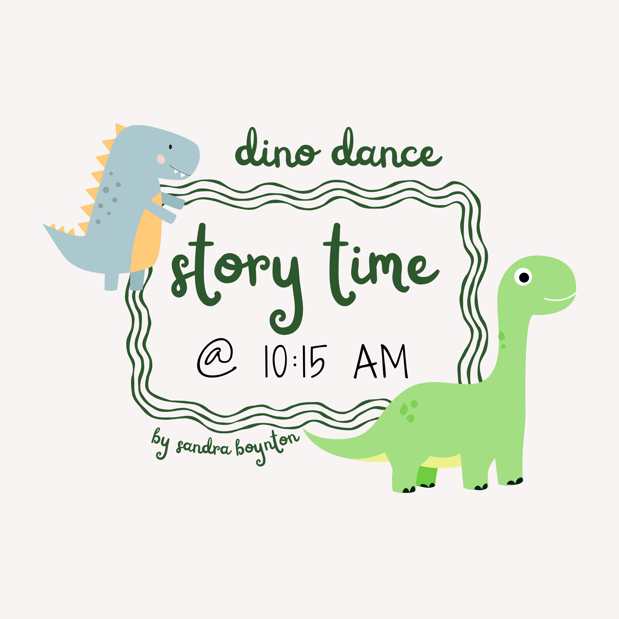 Cartoon dinosaur with green body and dark green spots, smiling, with part of a sign showing the text "dino dance" and a time of 10:15 AM. Other cartoon dinosaurs are partially visible in the image.