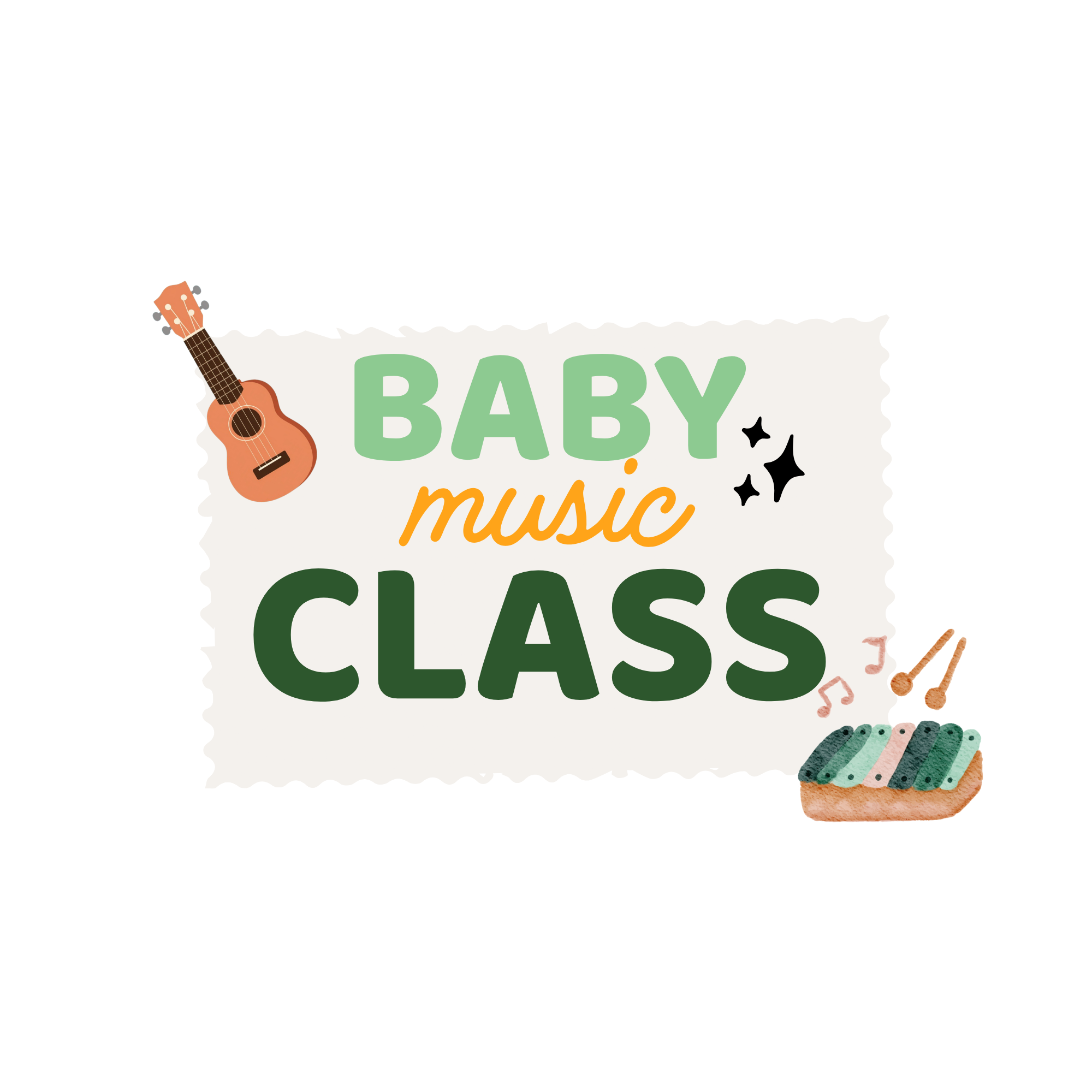 Colorful poster featuring a small ukulele, playful stars, and a gingerbread cookie shaped like a popsicle with musical notes, celebrating baby music class.