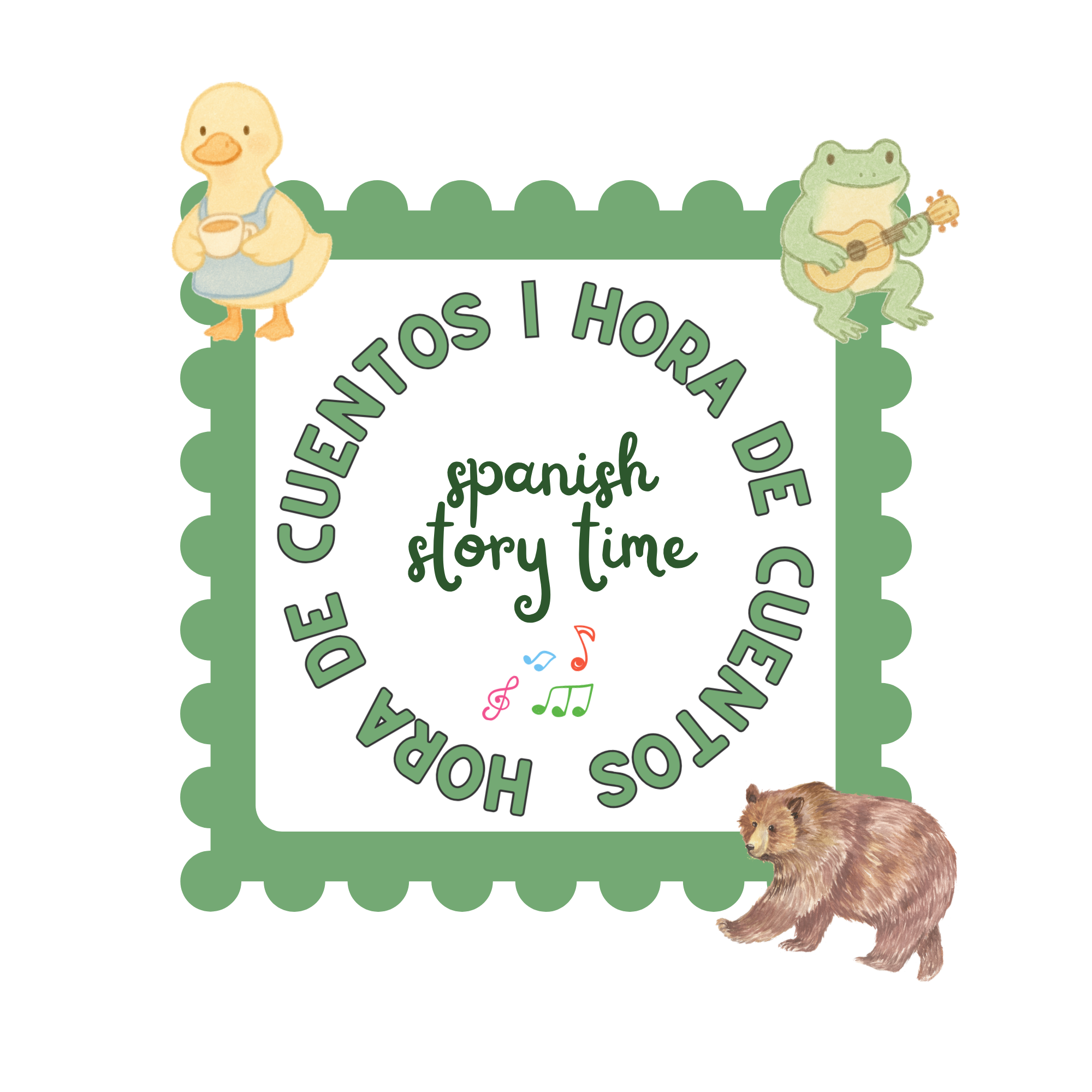 Digital graphic featuring a cartoon duckling holding a cup, a cartoon frog playing a guitar, and a photo of a real brown dog, all surrounded by a green decorative border with text that promotes a Spanish story time for children.