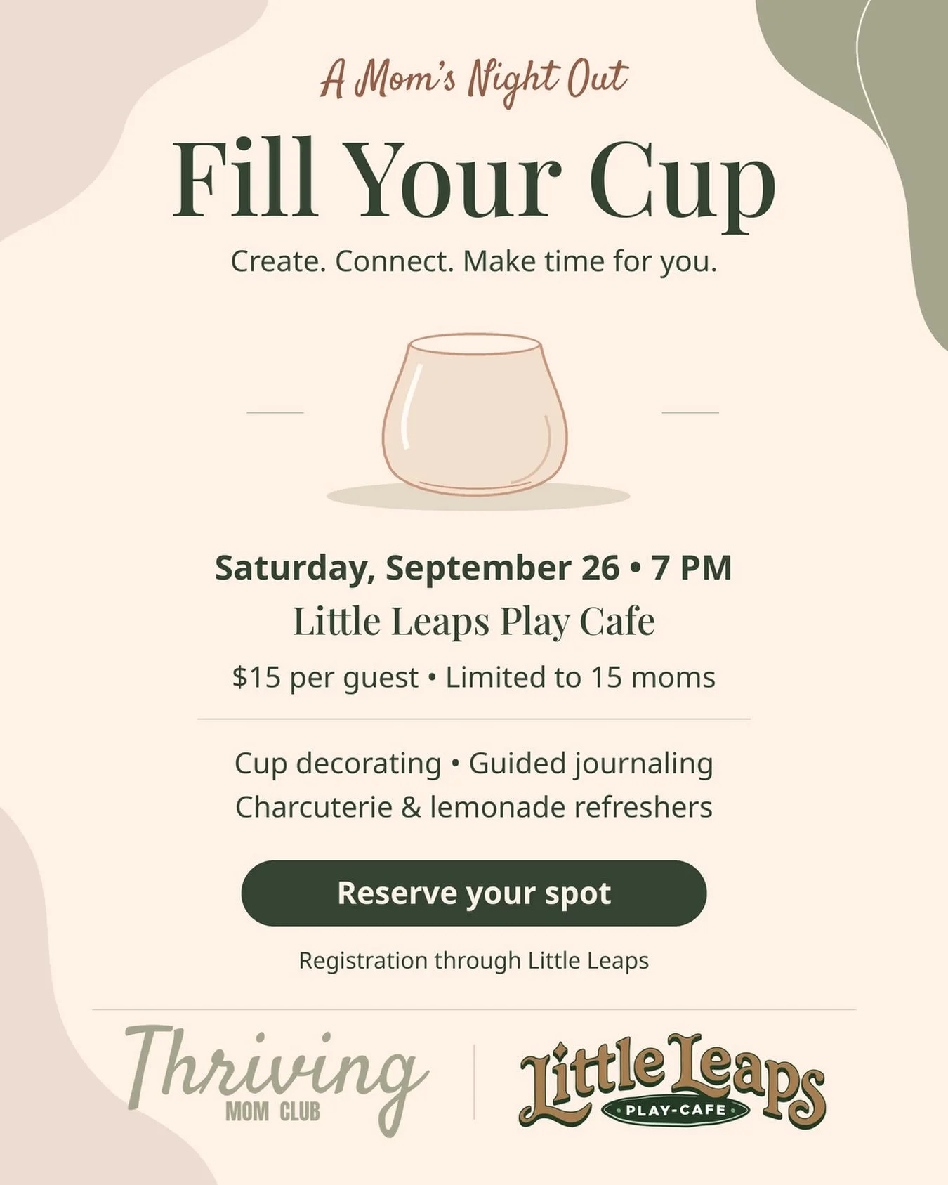 Moms, this evening is for YOU! 
Join us Saturday, September 26 at 7 PM for a relaxing Moms-Only Evening filled with creativity, reflection, and connection. 💕

Decorate your very own cup
Enjoy guided journaling
Take a little time to slow down, unwind