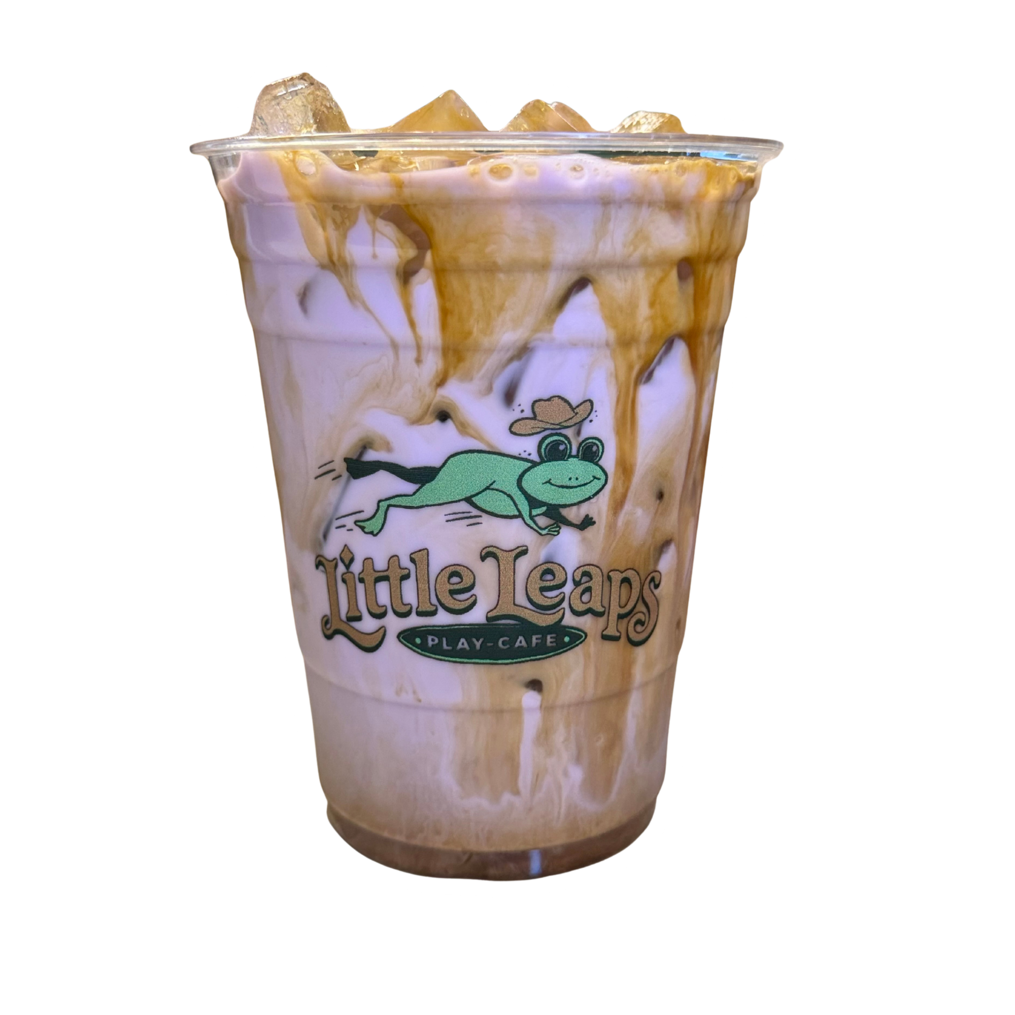 A clear plastic cup filled with iced coffee topped with whipped cream and caramel drizzle, featuring a Little Caesars mascot illustration on the logo.