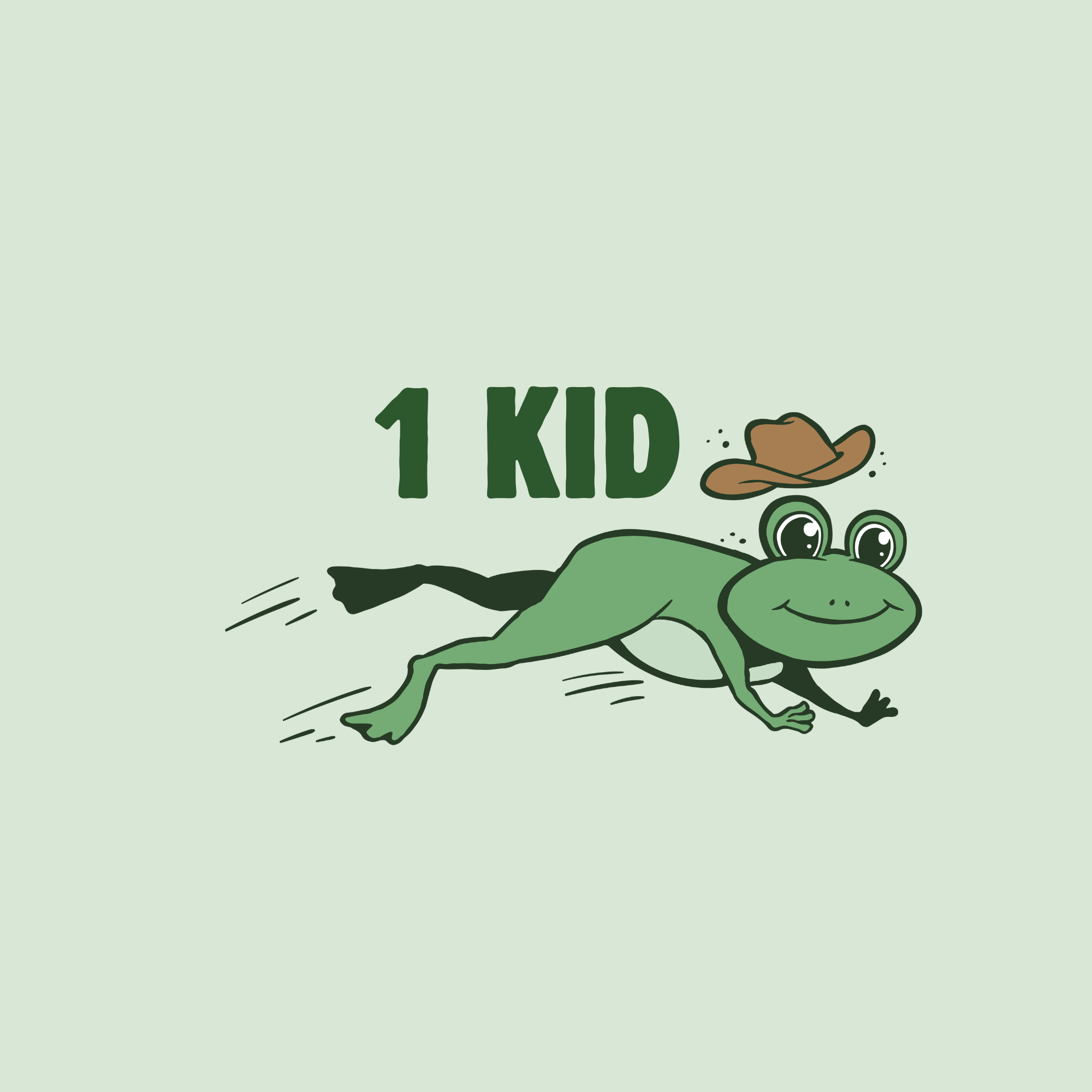Cartoon of a smiling frog wearing a cowboy hat with text '1 KID'.