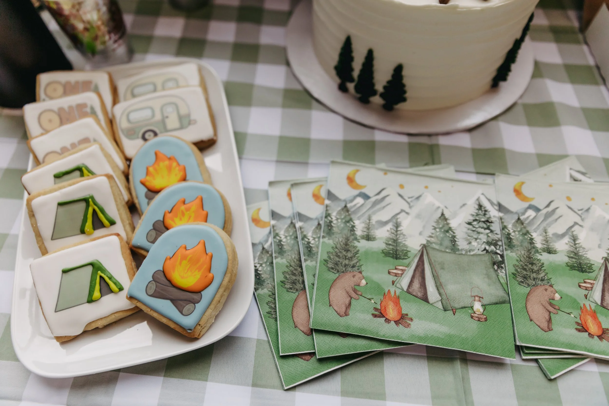 Decorated cookies with camping and outdoor themes on a baker's tray, with a cake decorated as a forest scene and camping gear on a checkered tablecloth.