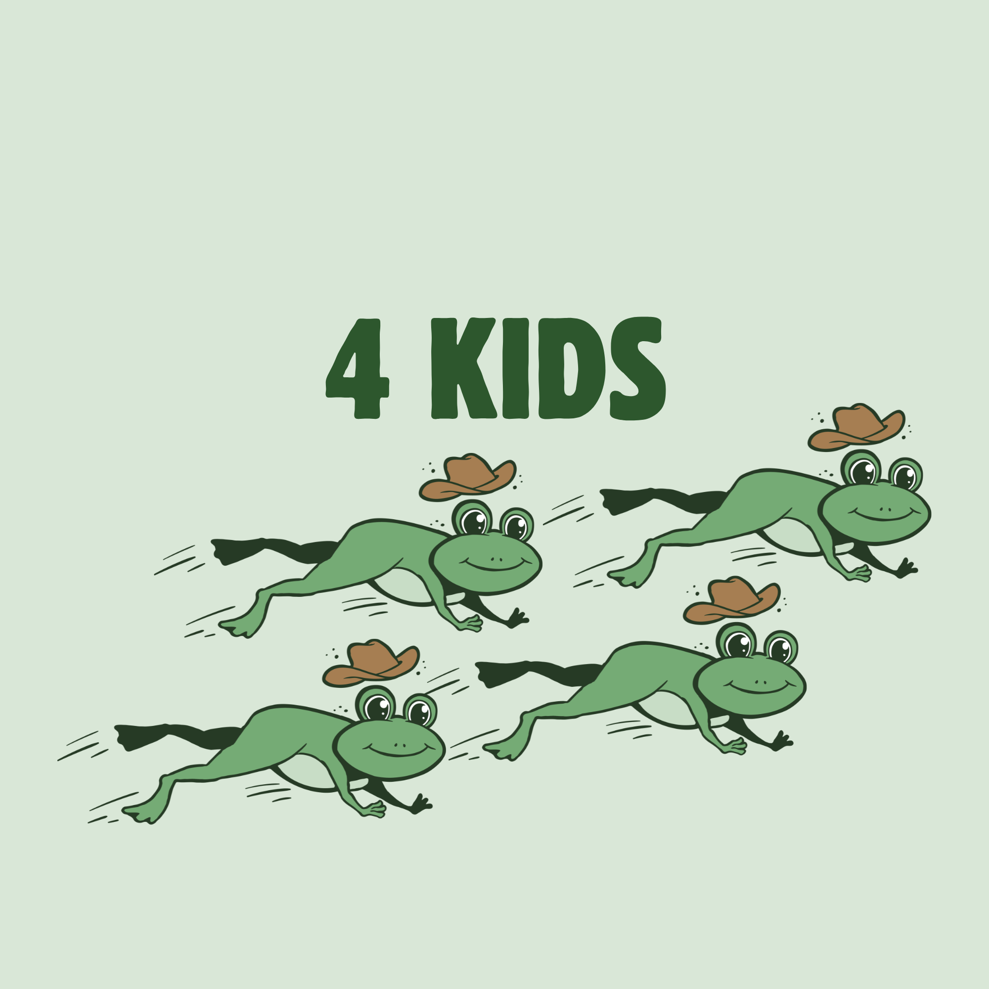 A cartoon illustration of a group of four frogs swimming happily in water, with the text '4 KIDS' above them, and a couple of brown hats floating on the water.