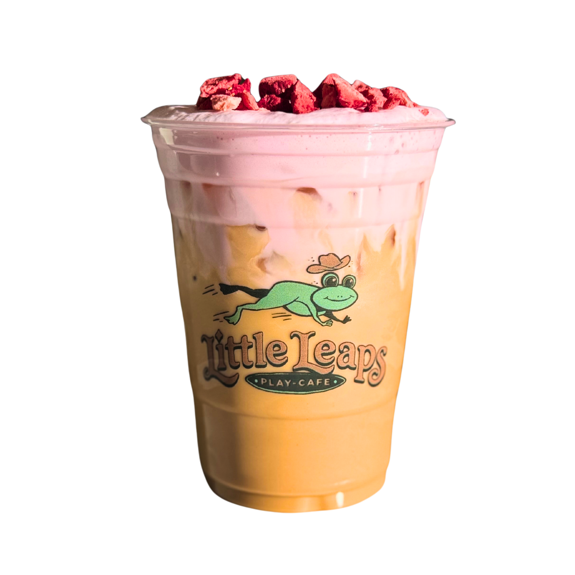 A cup of Pink Leaf Bubble Tea with ice and gummy candies on top, featuring a Little Leaf Play Cafe logo.