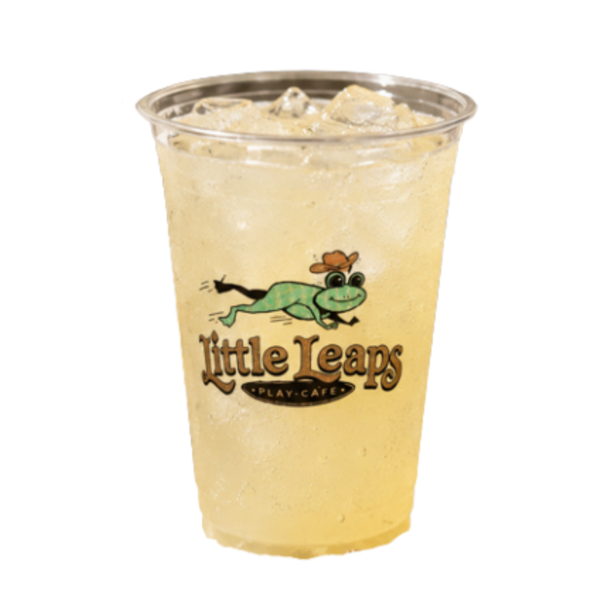 A clear plastic cup filled with vanilla ice cream topped with chocolate chips. The cup features the Little Caesars logo, which includes a cartoonish green alligator wearing a brown hat.