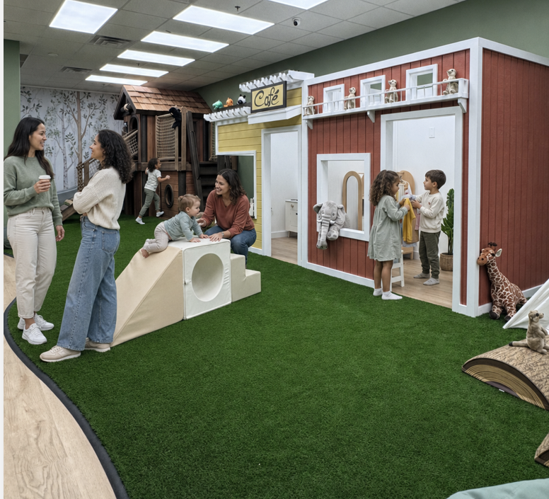 Indoor play area with a green artificial turf floor, children playing, adults socializing, a small house structure, a playground slide, stuffed animals, and children engaging in pretend play.