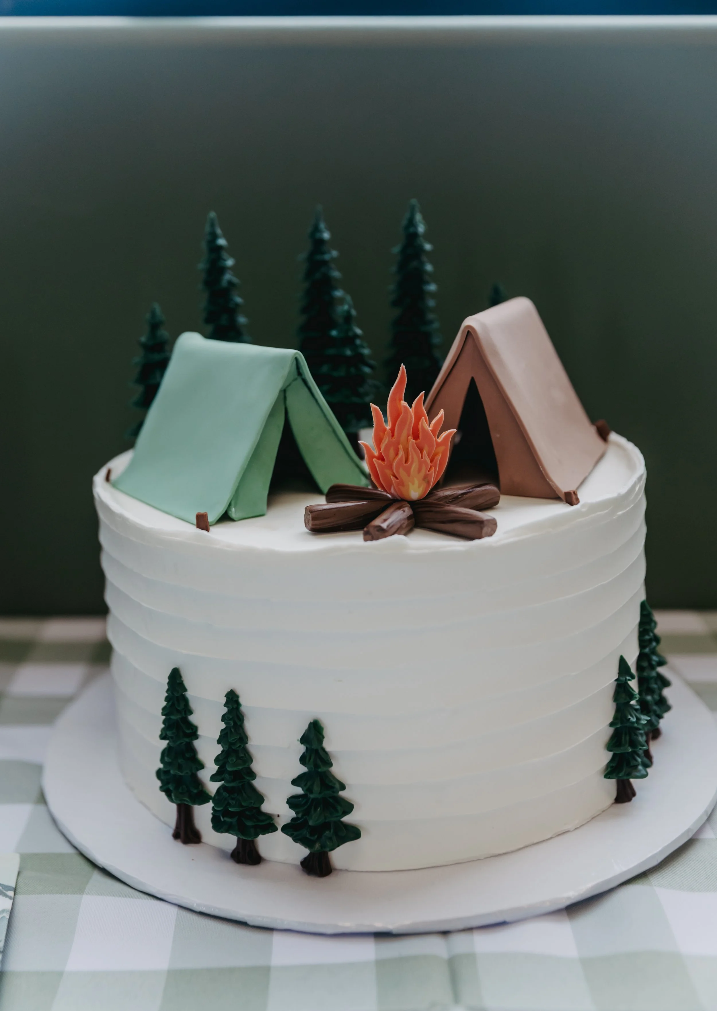 Cake decorated with trees, campfire, and tents, resembling a camping scene.