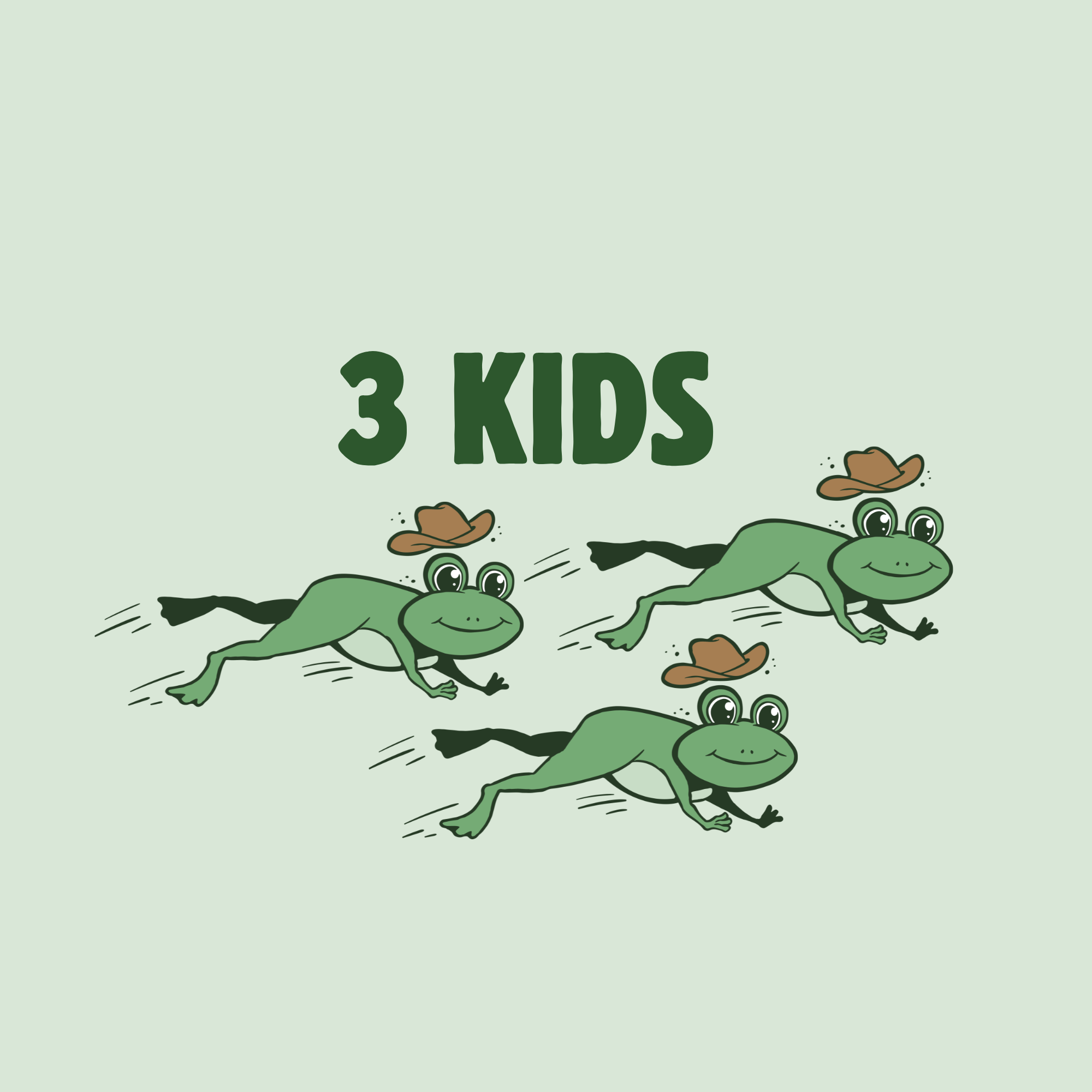 Cartoon image of three green frogs wearing cowboy hats standing on a green background with the text '3 KIDS' in large dark green letters.