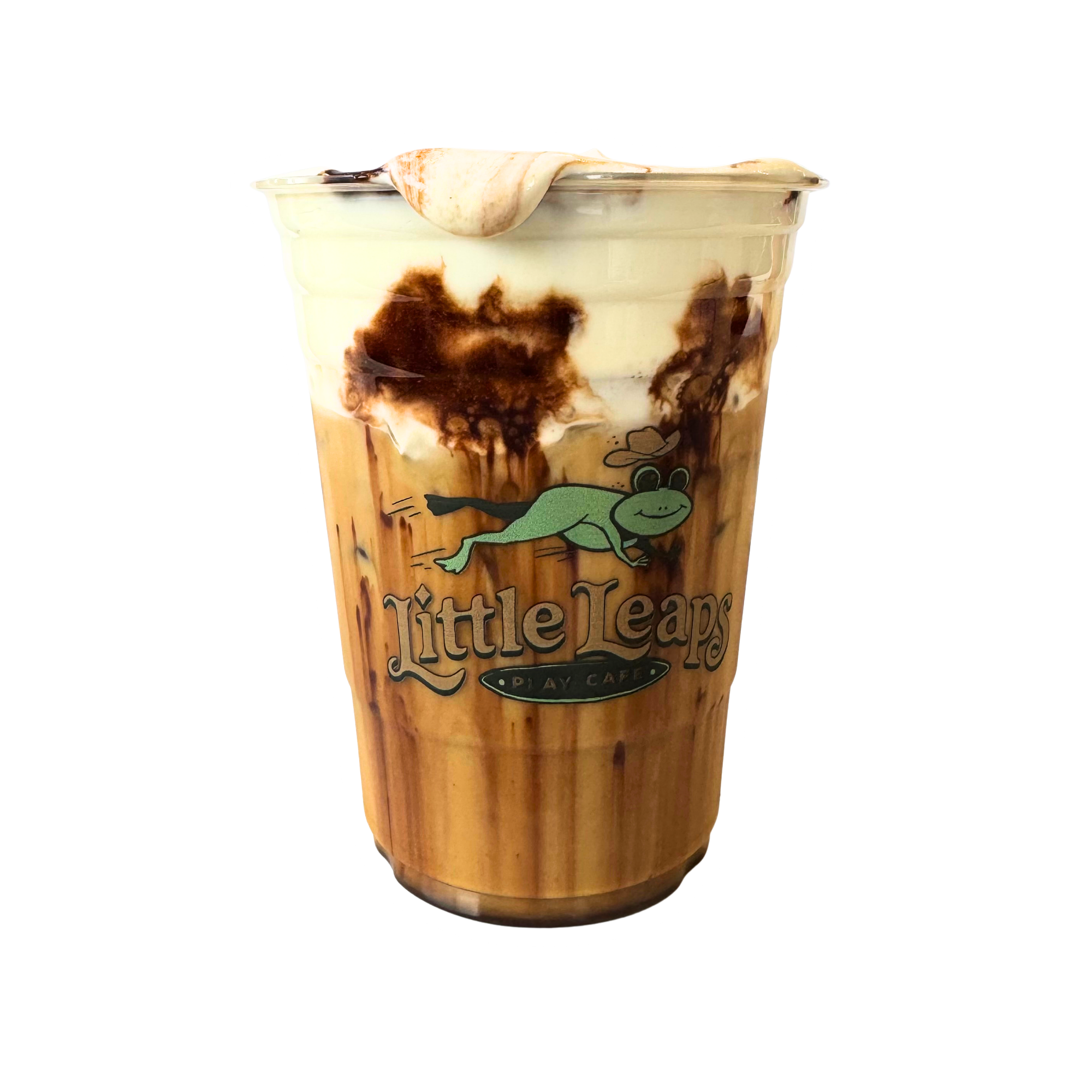 A plastic cup with Little Leaps branding filled with a layered drink, including milk, chocolate syrup, and possibly ice cream or whipped cream, topped with a marbled wafer cookie.