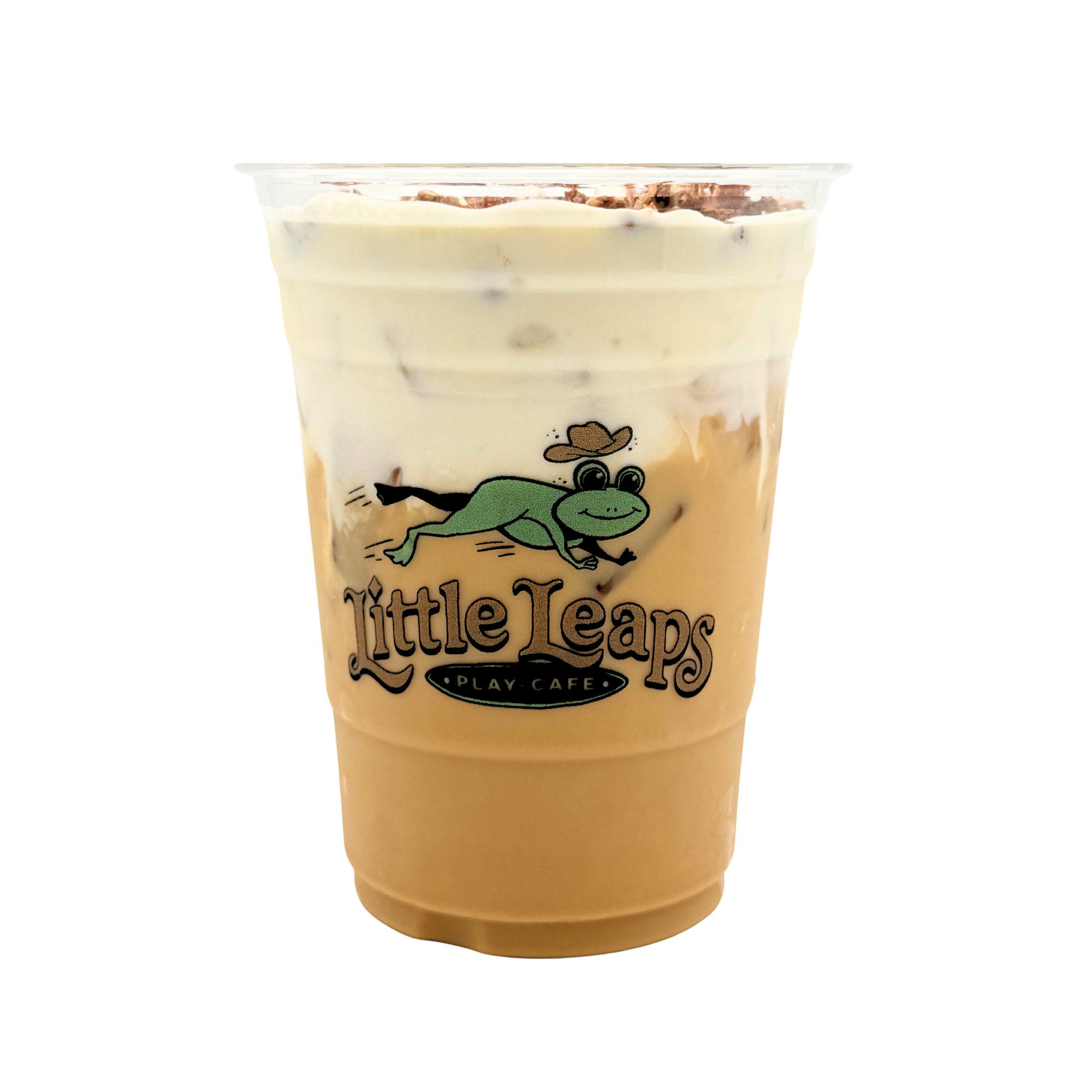 Close-up of a Little Leaf's Play Cafe iced drink with whipped cream and chocolate shavings on top, featuring a cartoon frog logo on the cup.