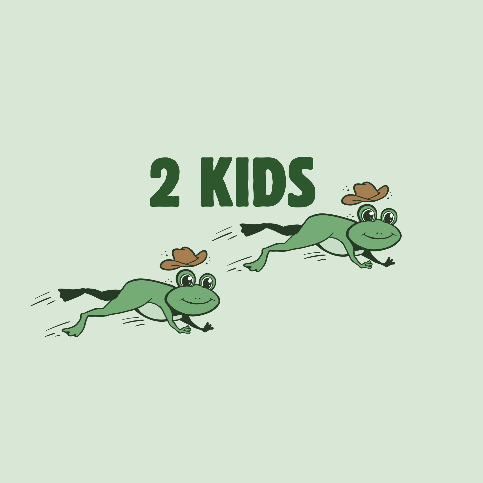 Illustration of two frogd in a cartoon style, with the phrase '2 KIDS' and some cowboy hats scattered around.