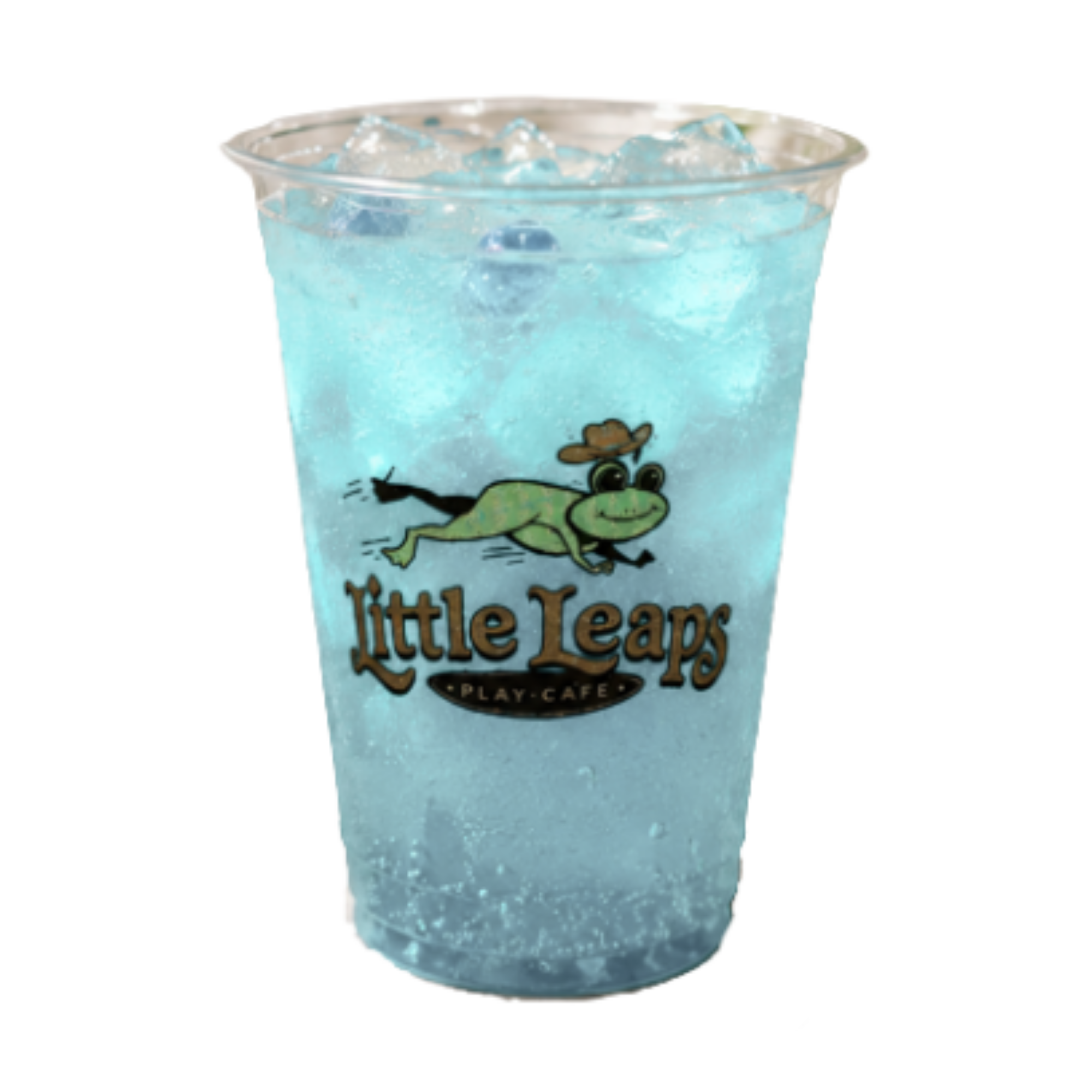 A clear plastic cup filled with light blue frozen beverage and ice cubes, featuring a cartoon frog and the text "little leaps."