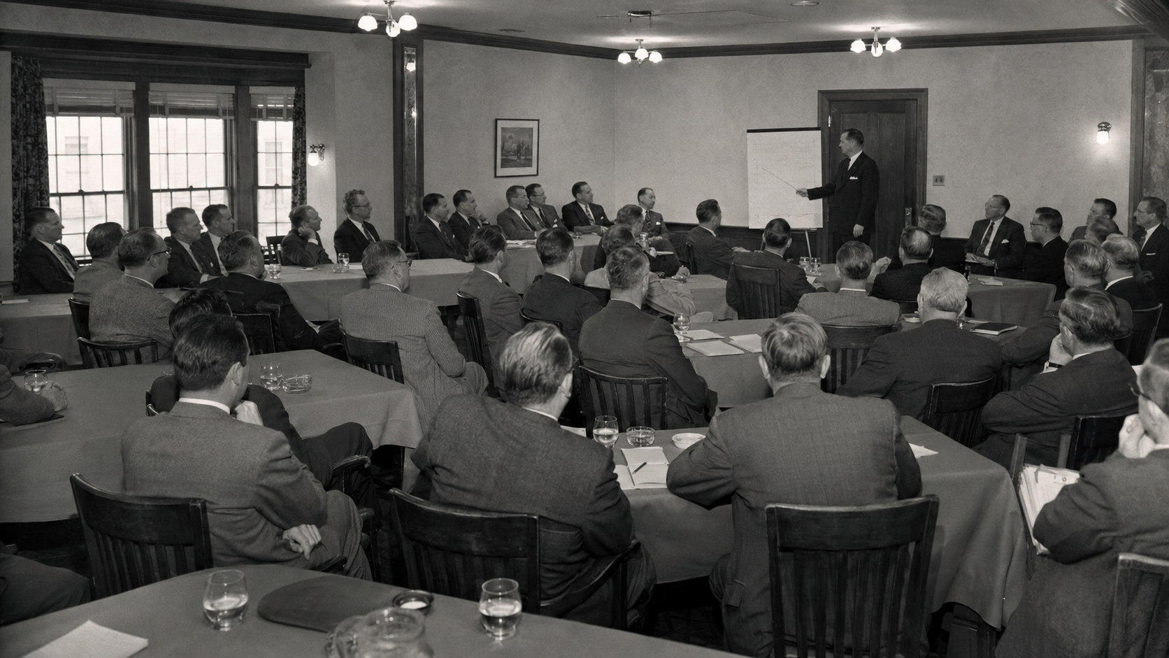 Historic black-and-white photograph of a presenter addressing Wichita Executives’ Association members seated around tables.