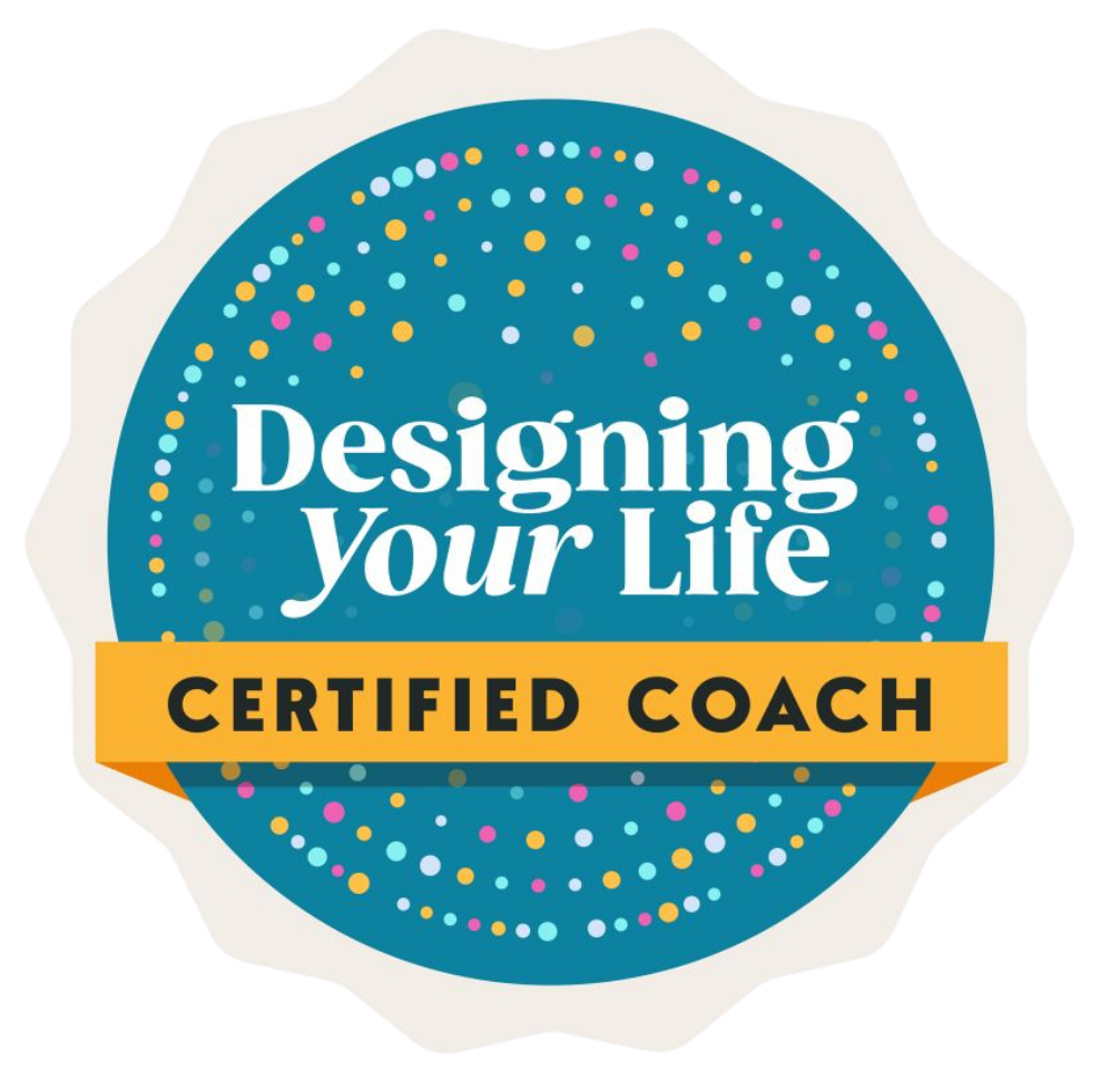 Badge reading 'Designing Your Life Certified Coach' with a blue background and colorful dotted border.