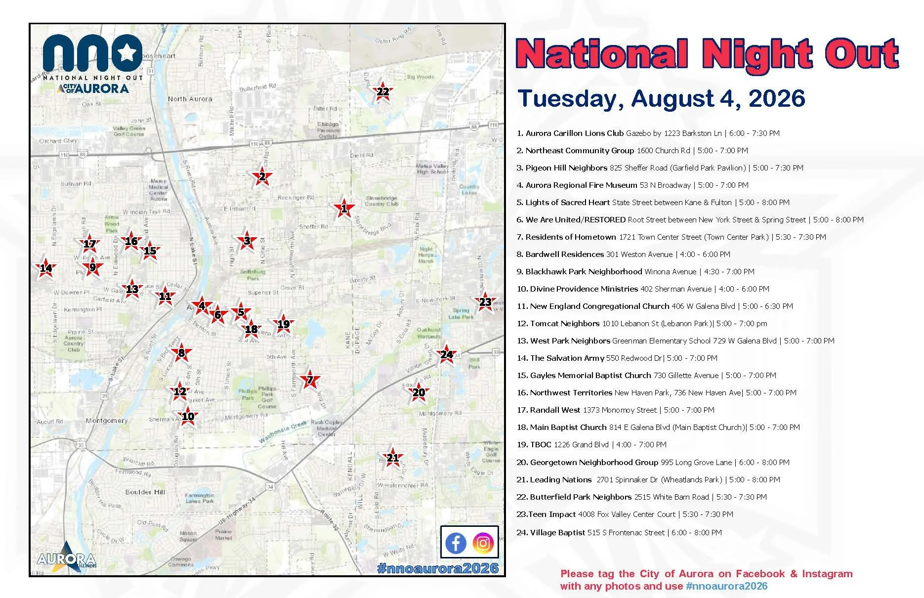 Map of Aurora, Illinois, with numbered stars indicating locations for National Night Out events on August 4, 2026. The map shows streets, parks, and the Fox River. Cambridge Chase, Cambridge Chase of Naperville, Concord Valley Stratton Lane