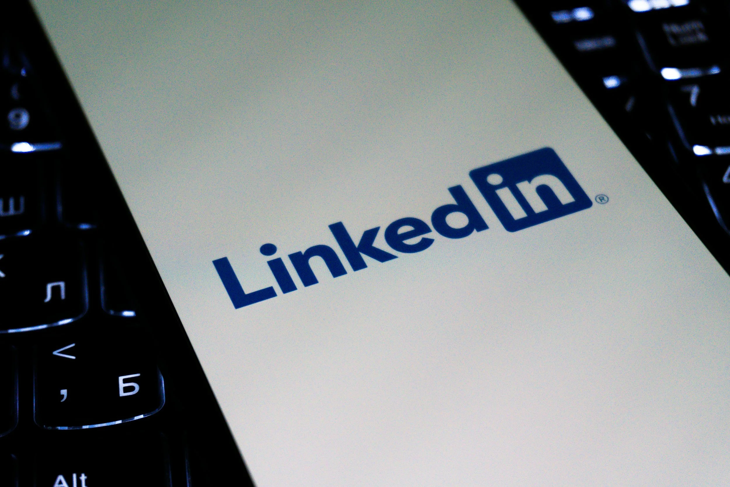 Close-up of a smartphone screen showing the LinkedIn app logo.