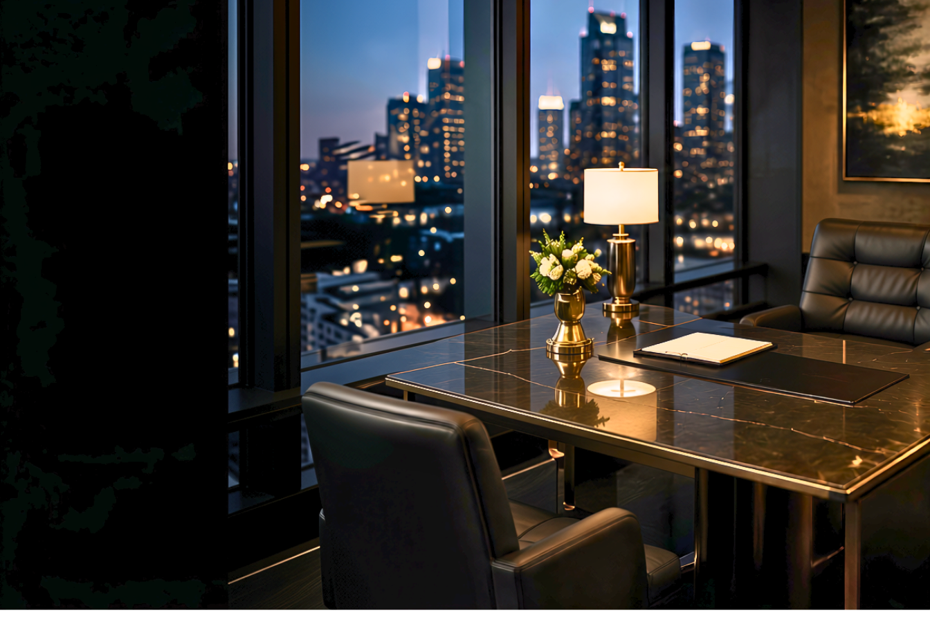 An elegant office conference room at dusk with a view of a city skyline through large windows. There is a black leather chair, a marble table with a blue vase of white roses, a gold lamp, and an open planner.