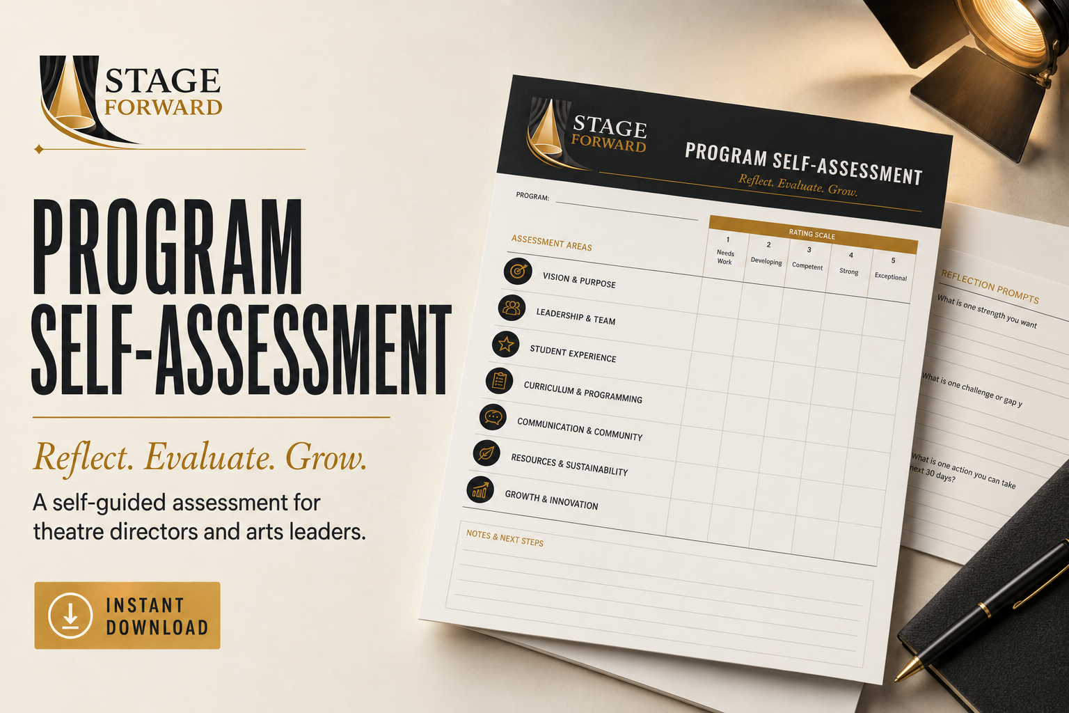Promotional image for a self-assessment program called 'Stage Forward' for theatre directors and arts leaders, featuring a program self-assessment sheet with categories like vision, leadership, student experience, curriculum, communication, sustainability, and growth.