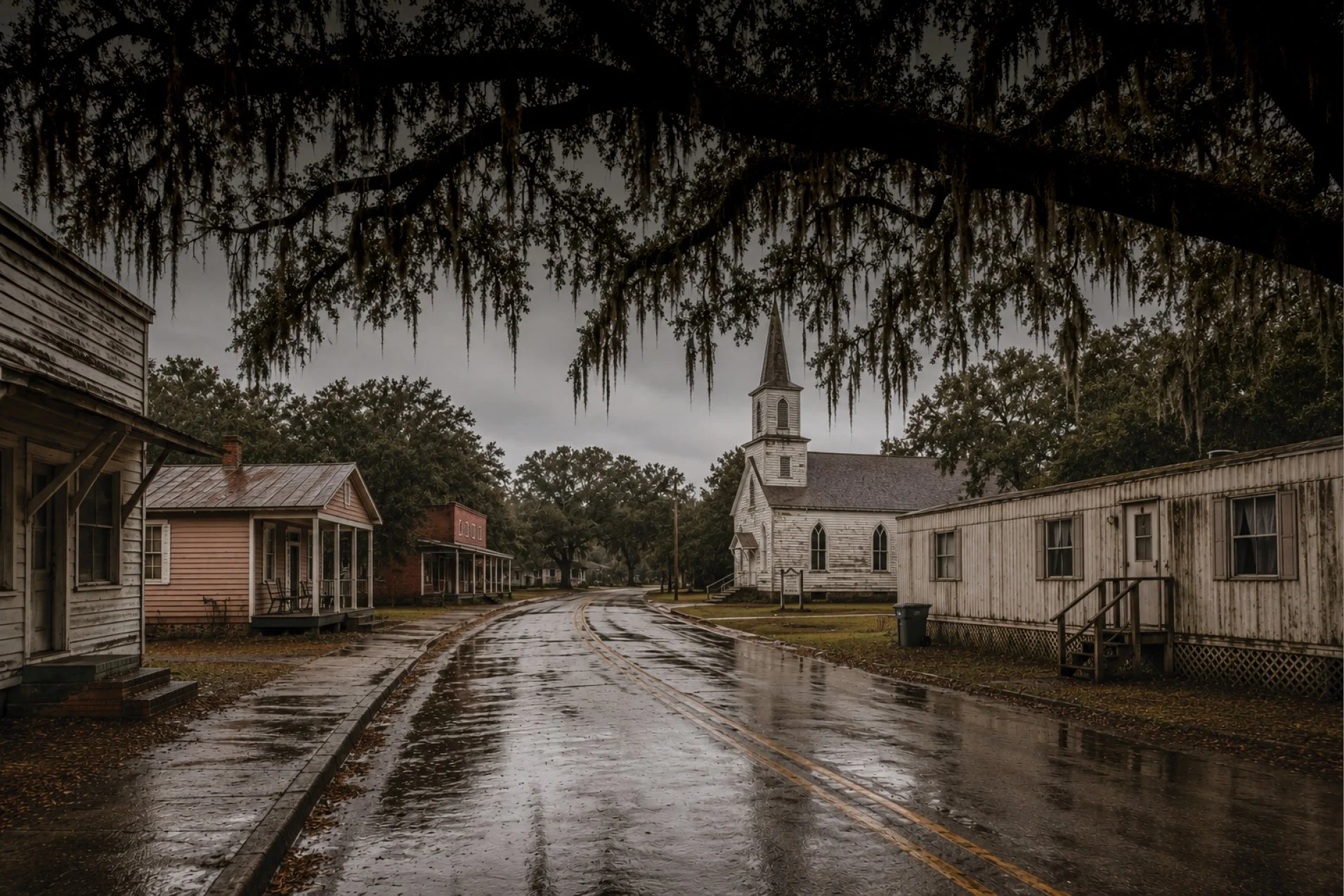 Stinson Creek, small town, on a rainy day with a wet road, old houses, and a white church with a steeple.