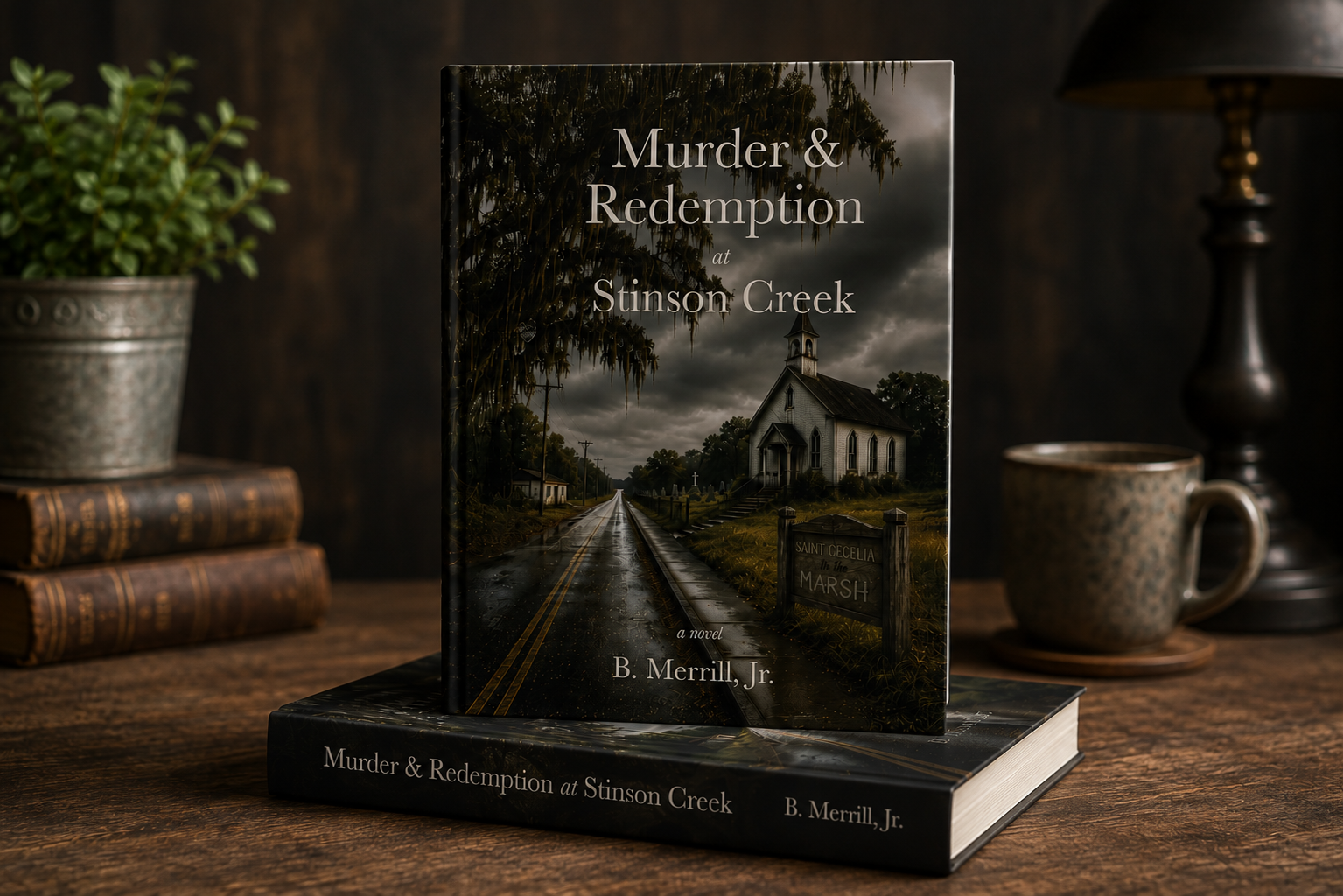 A book titled "Murder & Redemption at Stinson Creek" by B. Merrill Jr. Southern fiction, mystery novel, southern mystery, faith, dark humor, redemption.