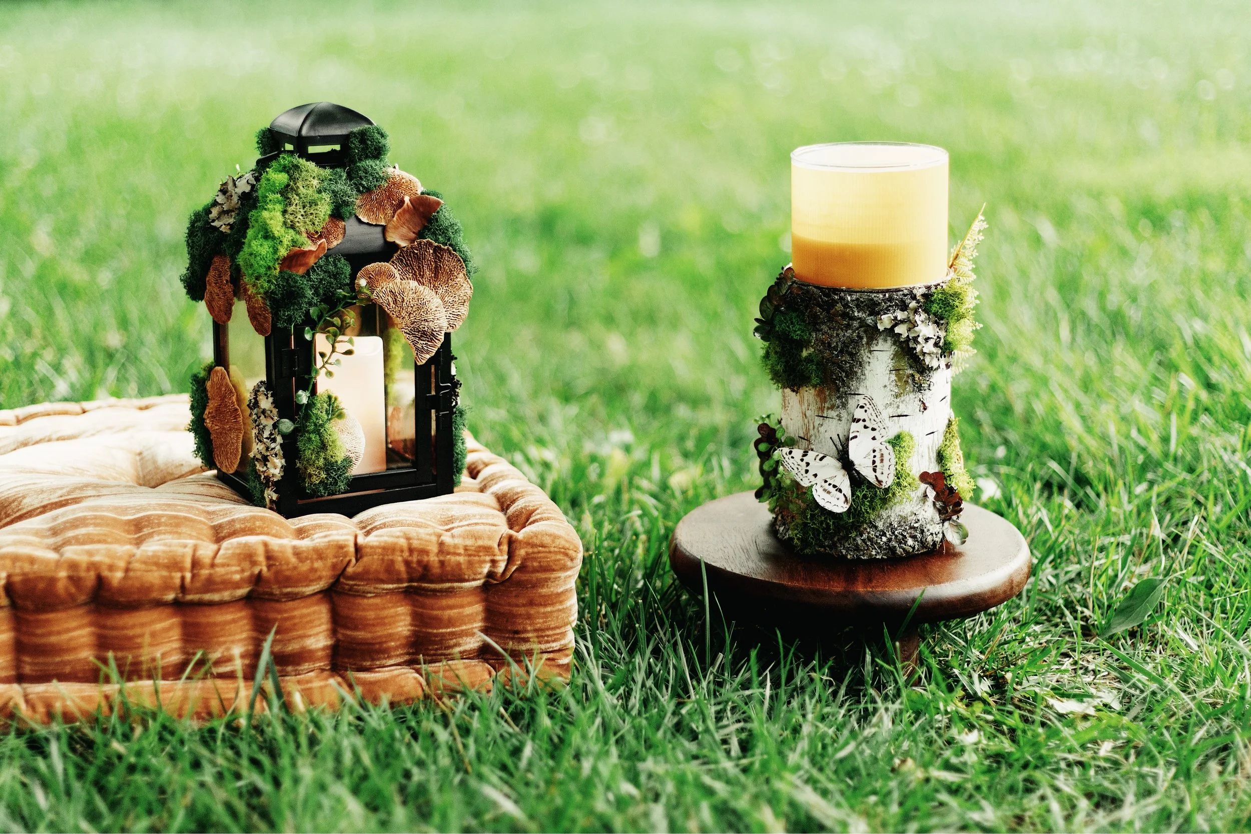 Decorative lantern and candle on moss-covered tree trunk surrounded by green grass.