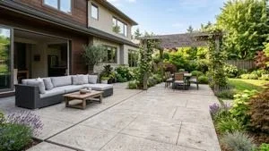 Outdoor patio with modern furniture, including a large sectional sofa, coffee table, and a seating area with chairs, surrounded by greenery and plants.