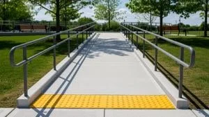 Wheelchair accessible ramp with handrails and yellow tactile paving at the entrance