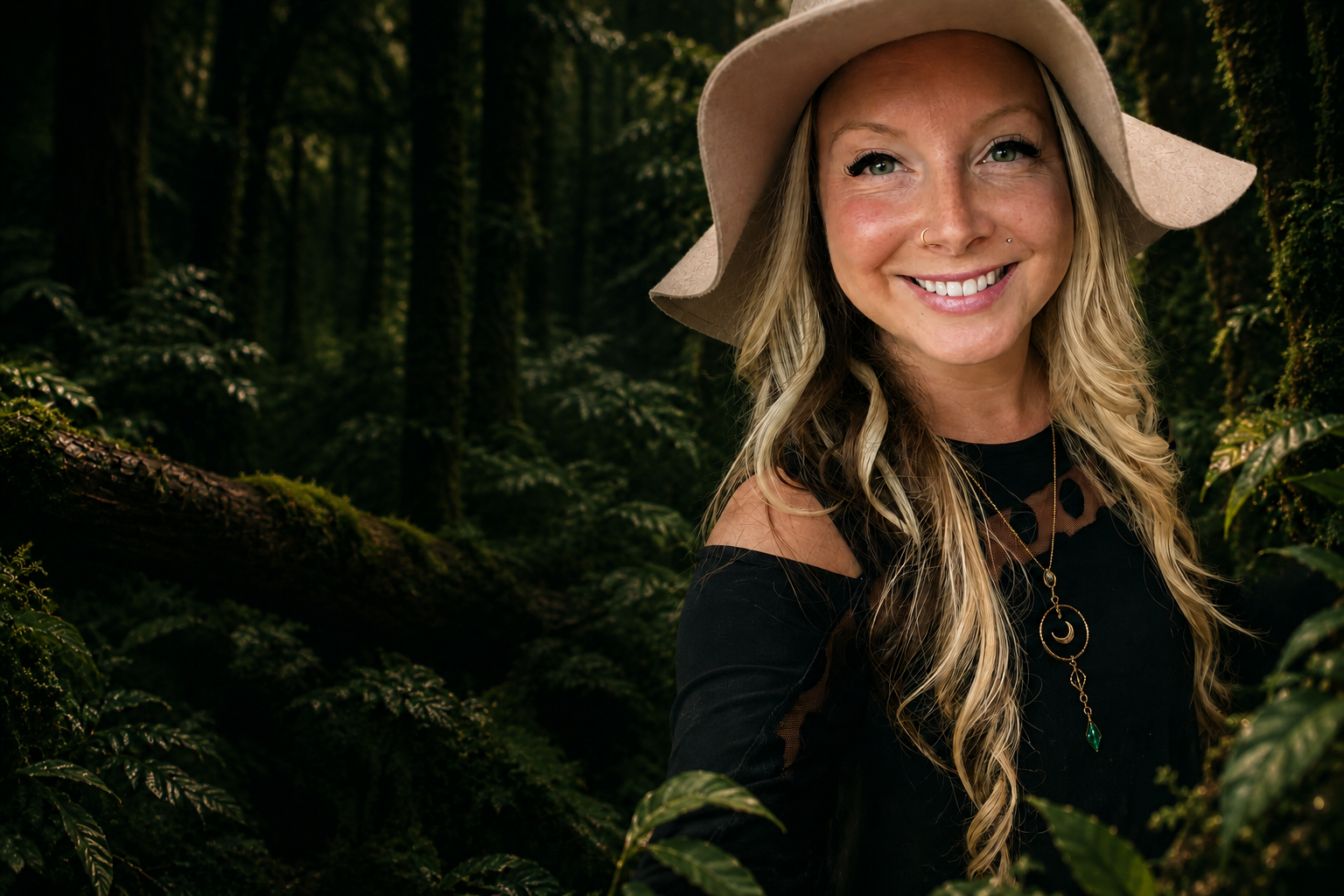 A smiling woman with long wavy blonde hair, wearing a beige wide-brimmed hat and black off-shoulder top, standing in a lush green forest.