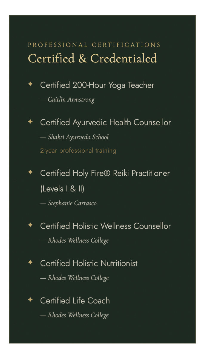 A certificate listing professional certifications for Caitlin Armstrong, Shakti Ayurveda School, Stephanie Carrasco, and Rhodes Wellness College, including yoga teacher, Ayurvedic health counselor, Holy Fire Reiki practitioner, holistic wellness counselor, holistic nutritionist, and life coach.