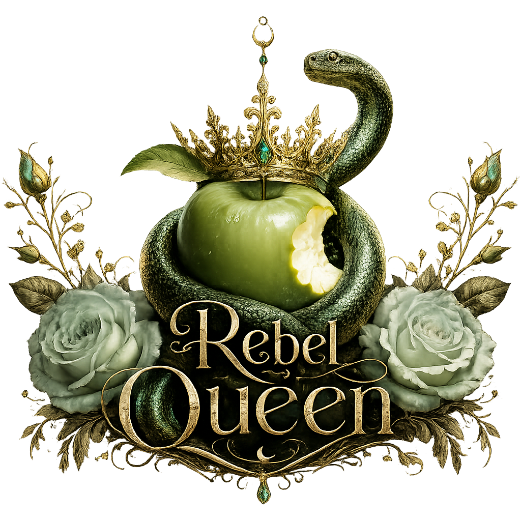 A snake coiled around a biting green apple, with a gold crown on top, surrounded by white roses and golden flowers with leaves. The text 'Rebel Queen' is at the bottom.