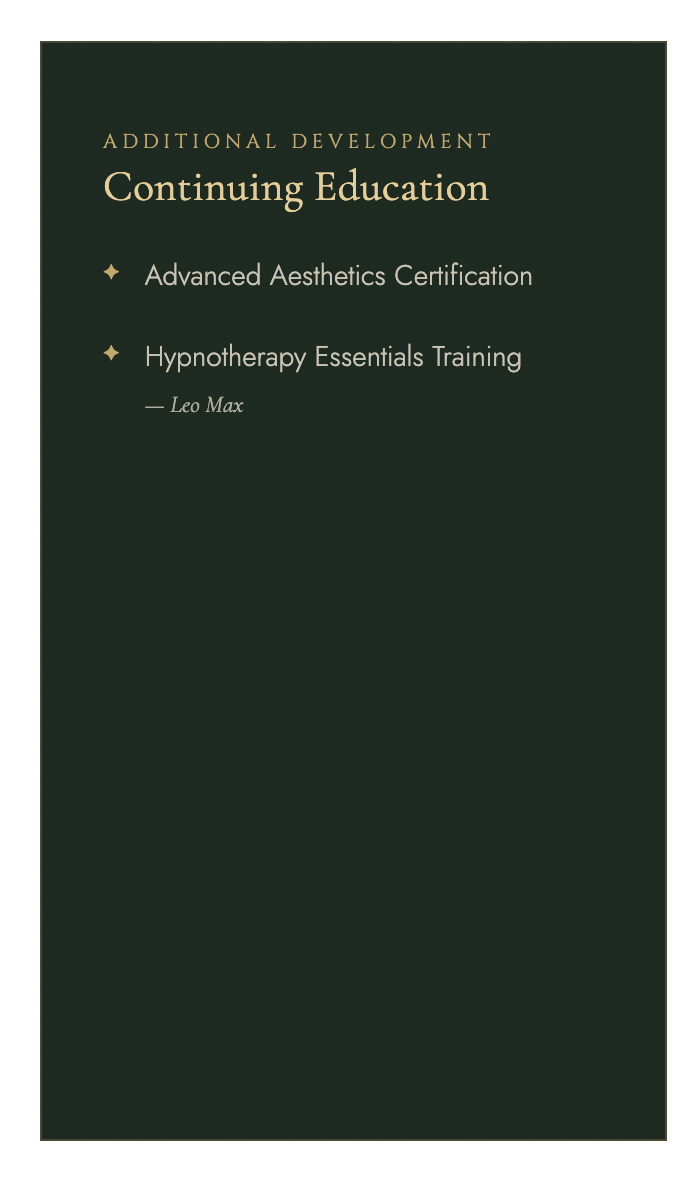 Schedule for continuing education courses, including Advanced Aesthetics Certification and Hypnotherapy Essentials Training by Leo Max.