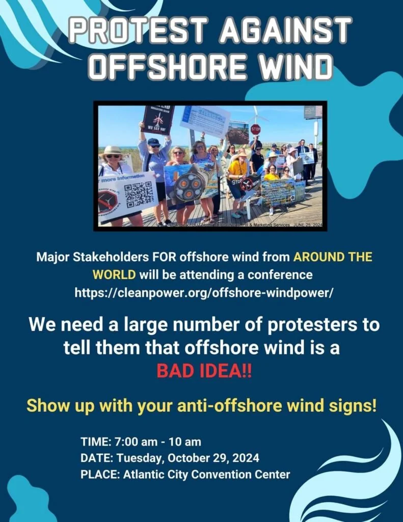 A protest sign campaign against offshore wind energy showing a group of protesters holding various signs on a boardwalk near the water. The signs include messages like stop and QR codes.