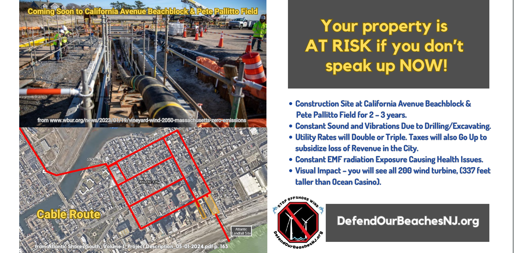 A construction site with workers and equipment, a map of the proposed cable route around California Avenue Beachblock and Pete Pallitto Field, and text warning about risks to property, health, and revenue due to the wind turbine construction.