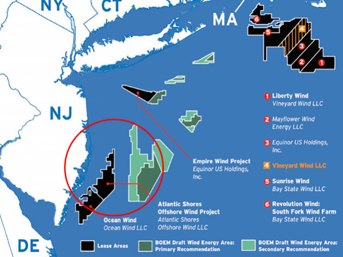 Map of wind energy projects off the coast of New Jersey with numbered lease areas and color-coded wind energy area references.