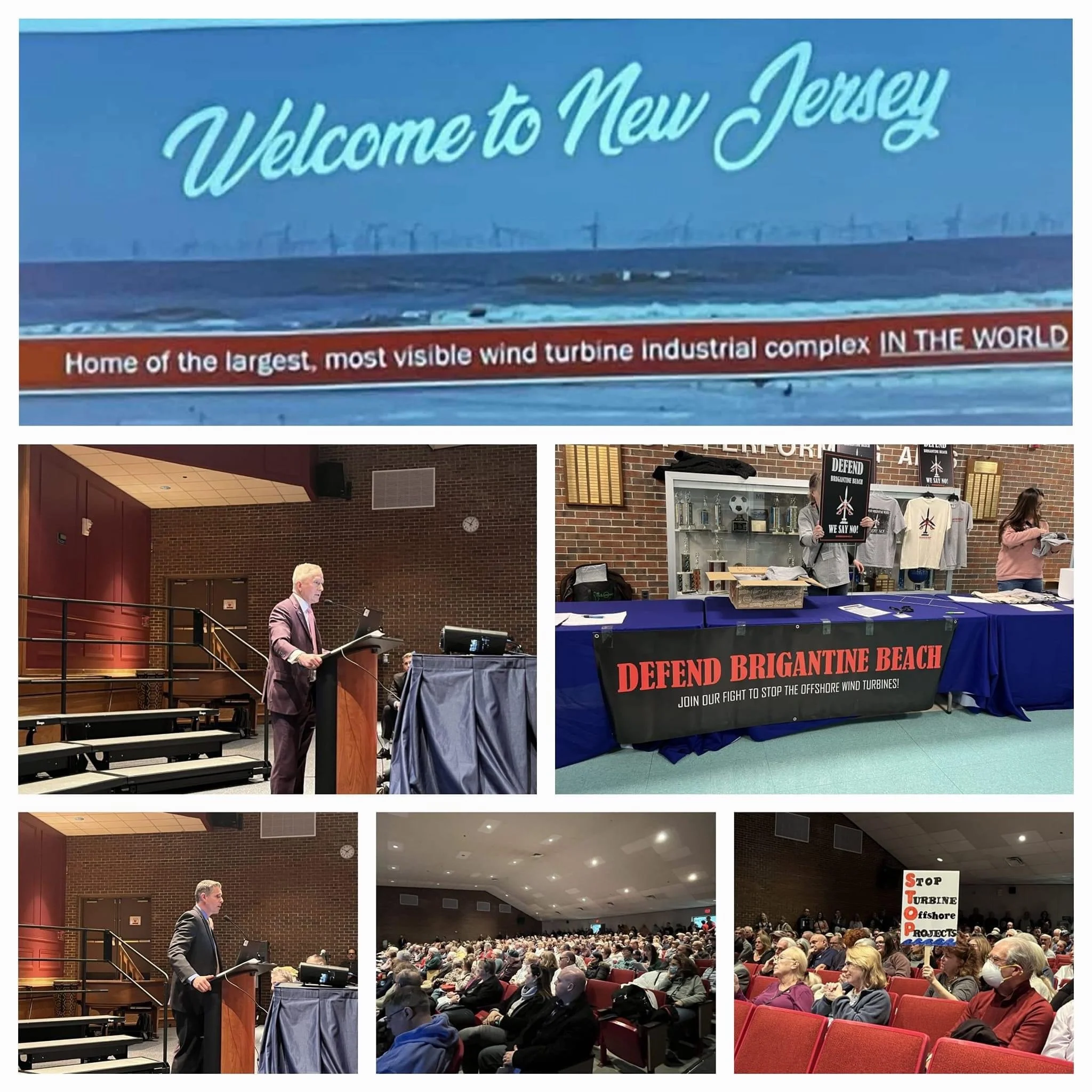 A collage of images showing an event against wind turbine projects in New Jersey. The top image features a welcome sign for New Jersey with a wind farm in the background. The middle images depict speakers at a podium, a booth with signs defending offshore wind turbines, and a crowd attending a presentation or meeting. One person in the crowd is holding a sign saying 'Stop Turbine Offshore Projects'.
